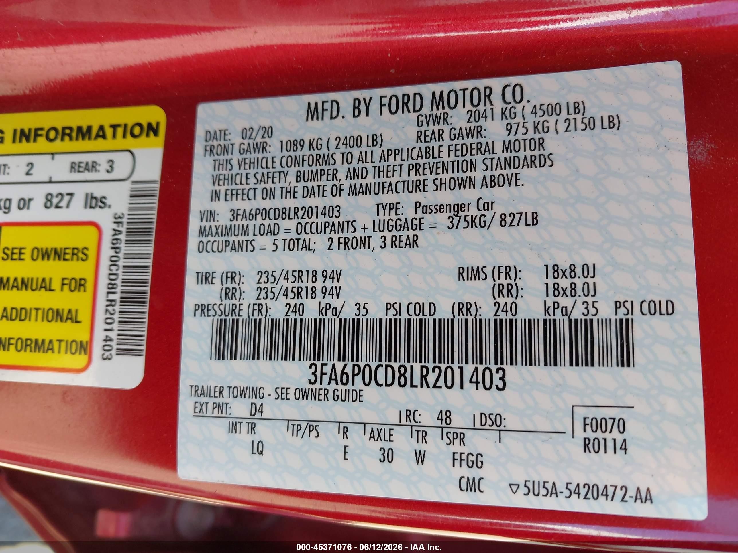 2020 Ford Fusion Sel Red vin: 3FA6P0CD8LR201403