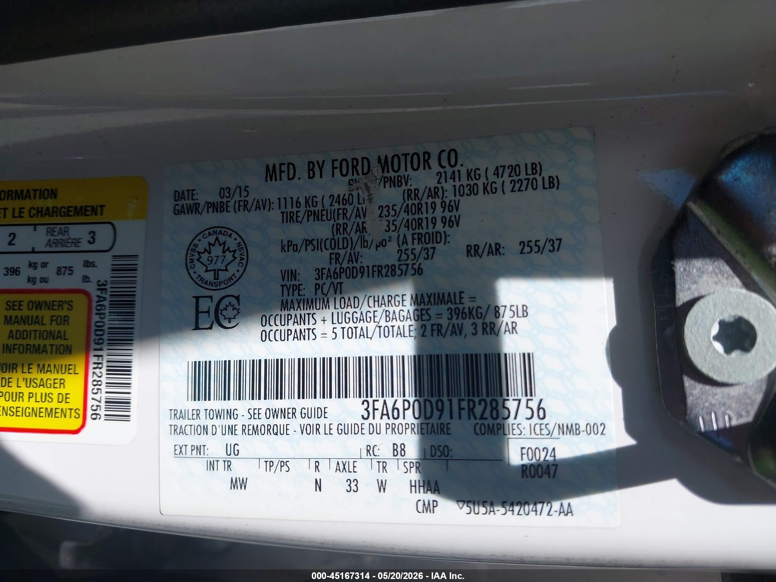 2015 Ford Fusion Titanium White vin: 3FA6P0D91FR285756