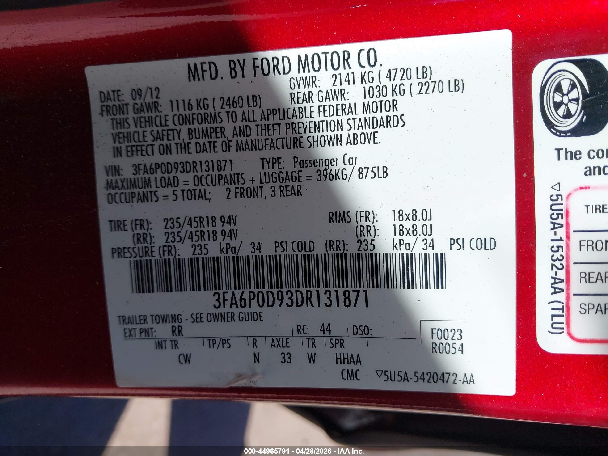 2013 Ford Fusion Titanium Red vin: 3FA6P0D93DR131871