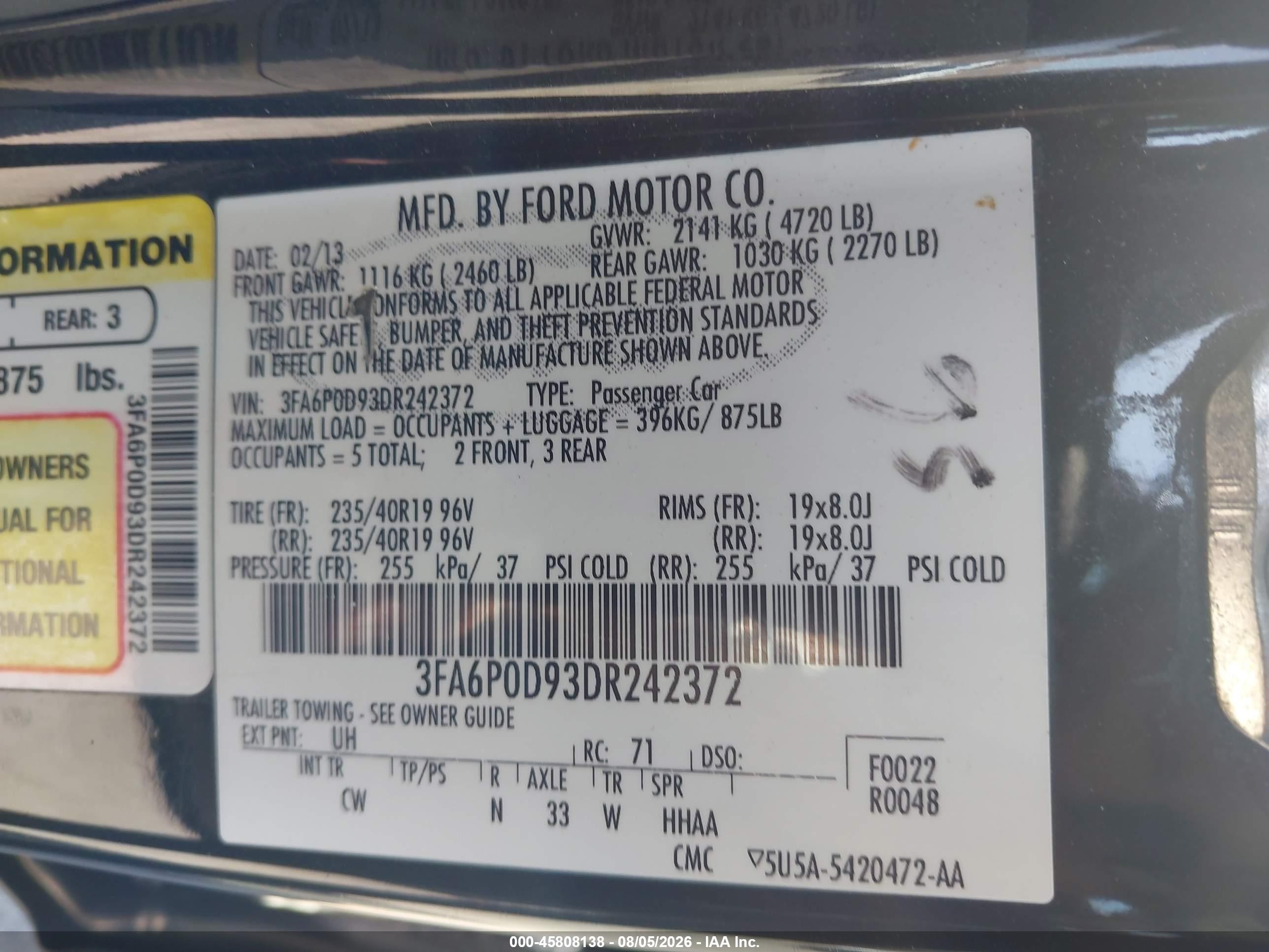 2013 Ford Fusion Titanium Black vin: 3FA6P0D93DR242372