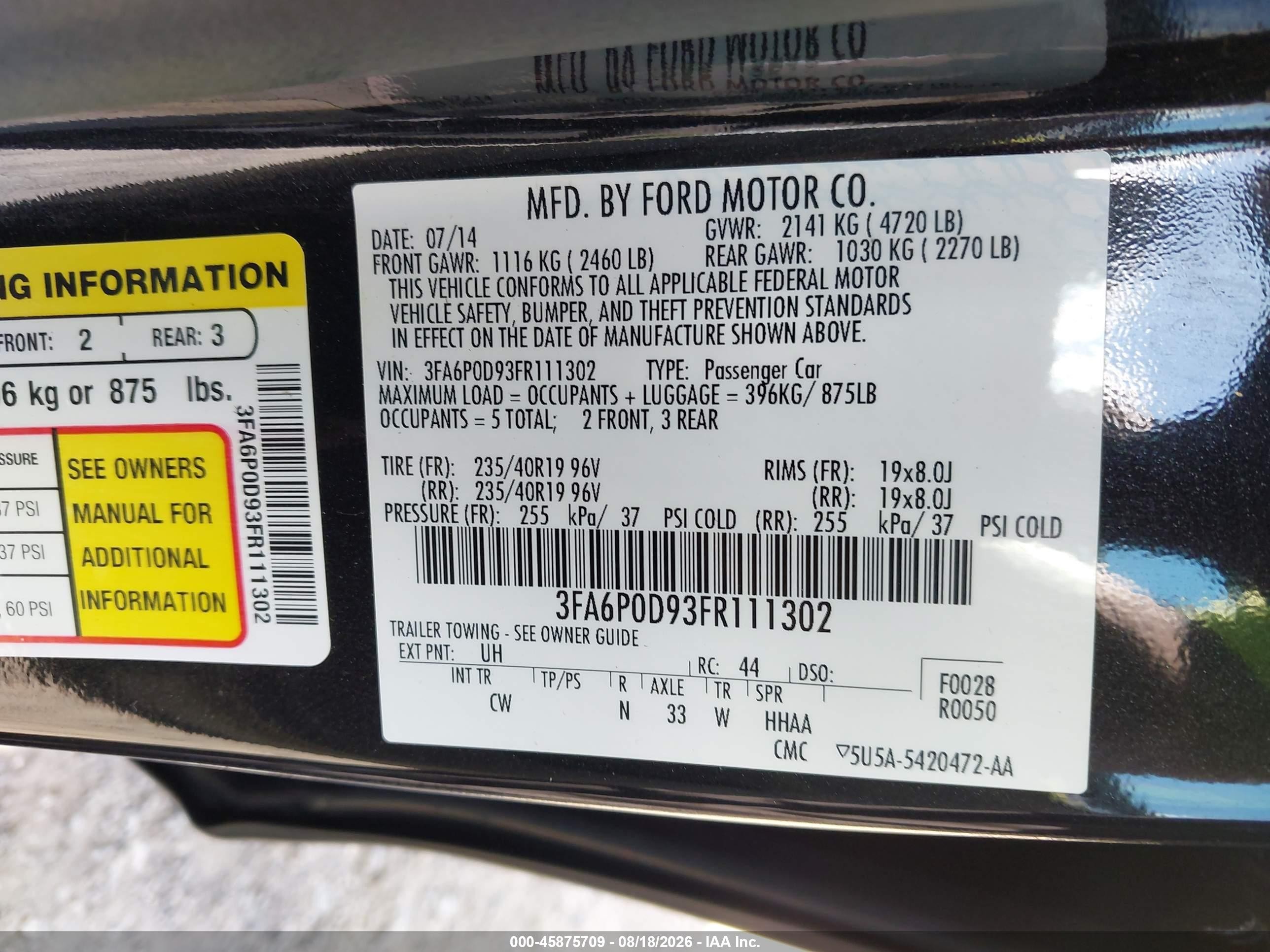 2015 Ford Fusion Titanium Black vin: 3FA6P0D93FR111302