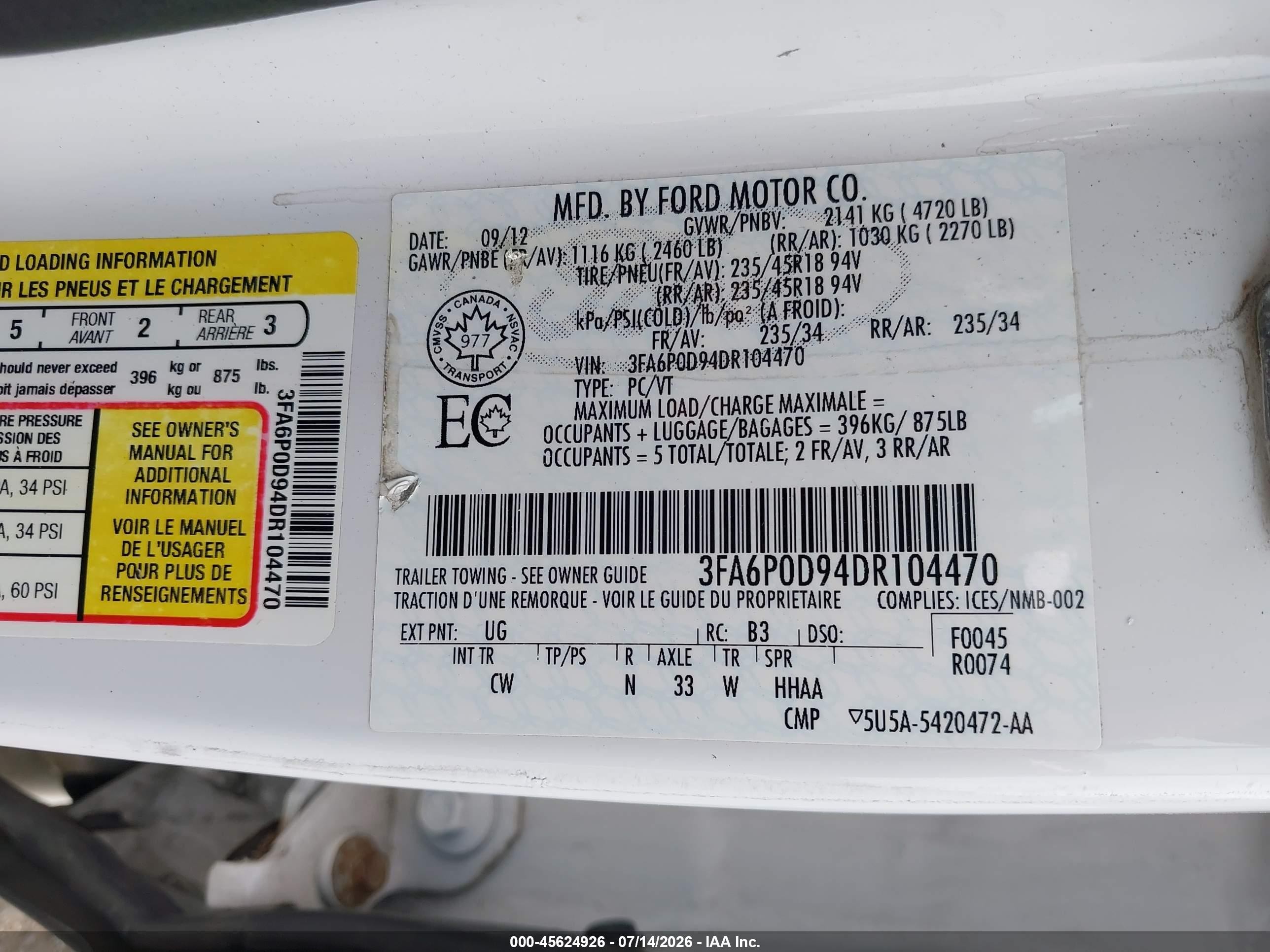 2013 Ford Fusion Titanium White vin: 3FA6P0D94DR104470