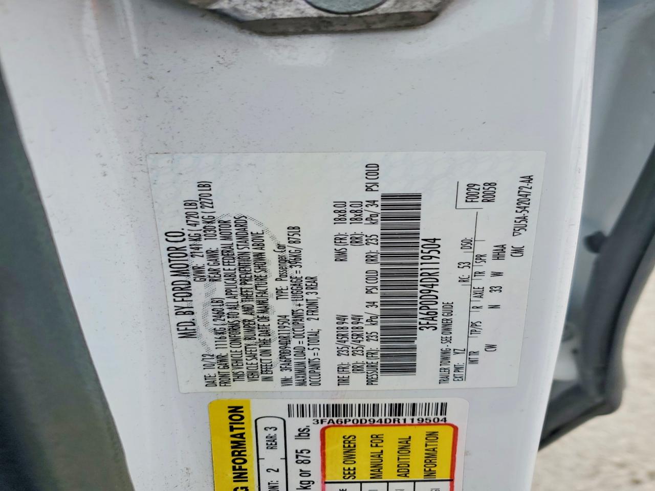 2013 Ford Fusion Titanium White vin: 3FA6P0D94DR119504