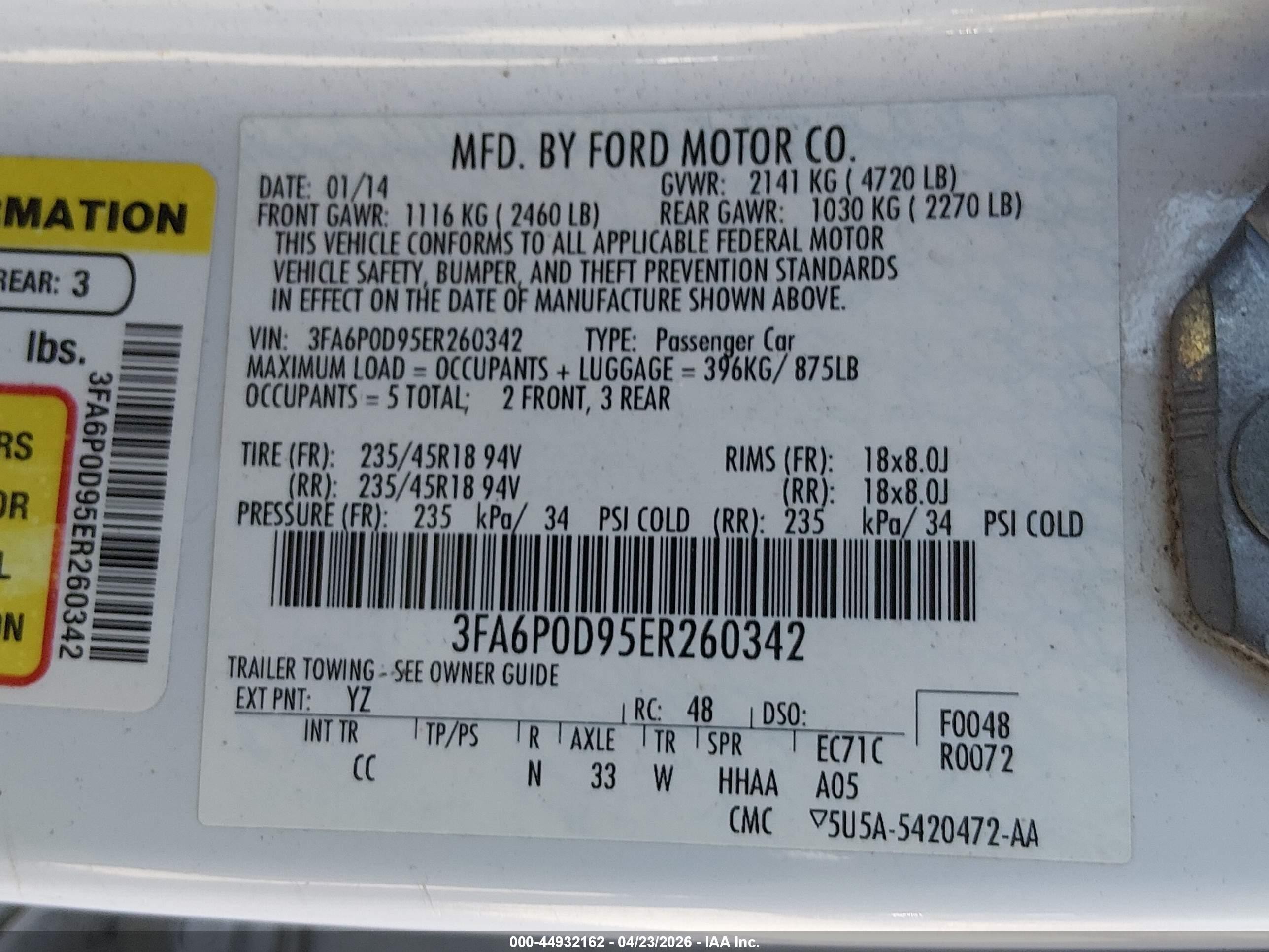 2014 Ford Fusion Titanium White vin: 3FA6P0D95ER260342