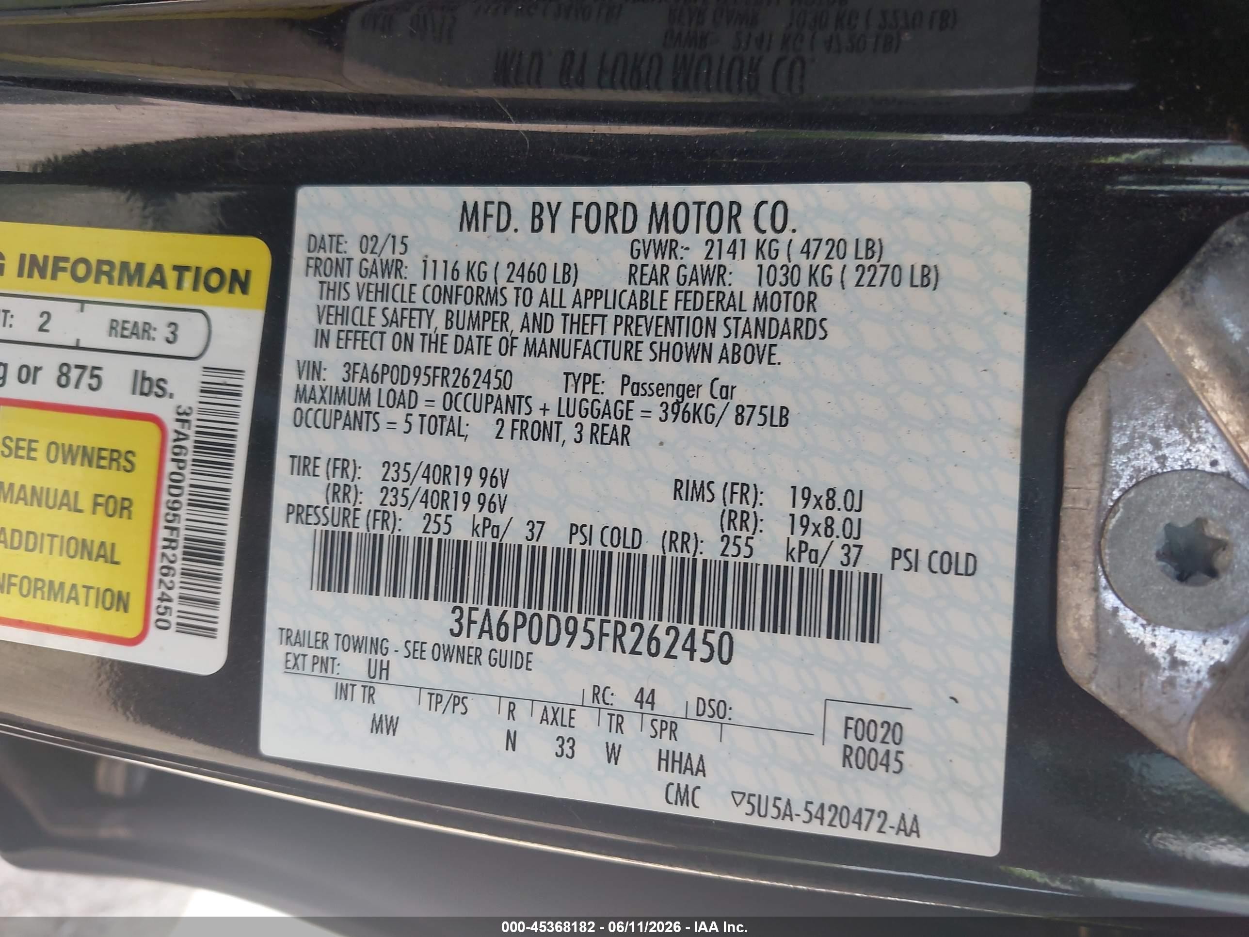 2015 Ford Fusion Titanium Black vin: 3FA6P0D95FR262450