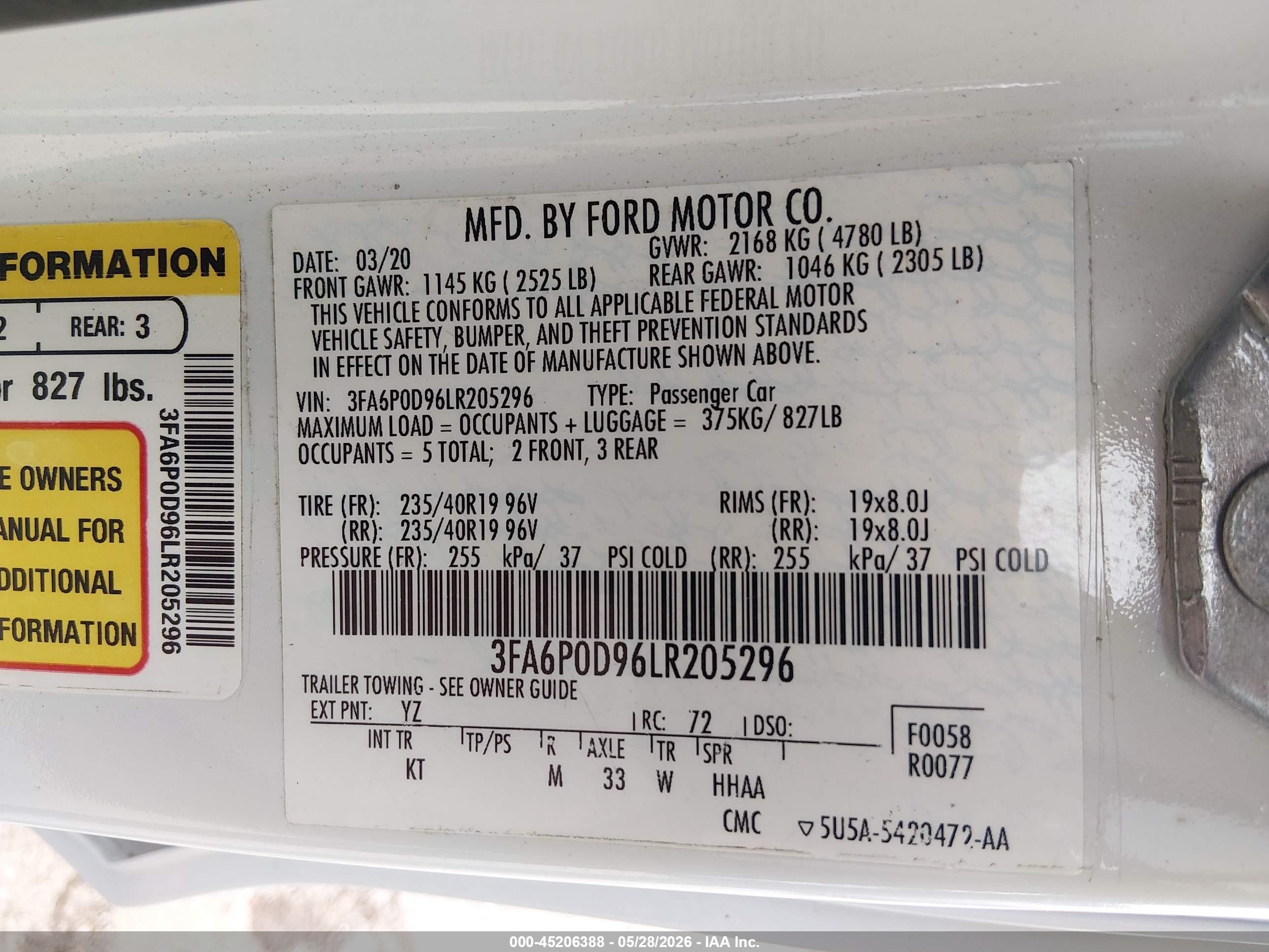 2020 Ford Fusion Titanium White vin: 3FA6P0D96LR205296