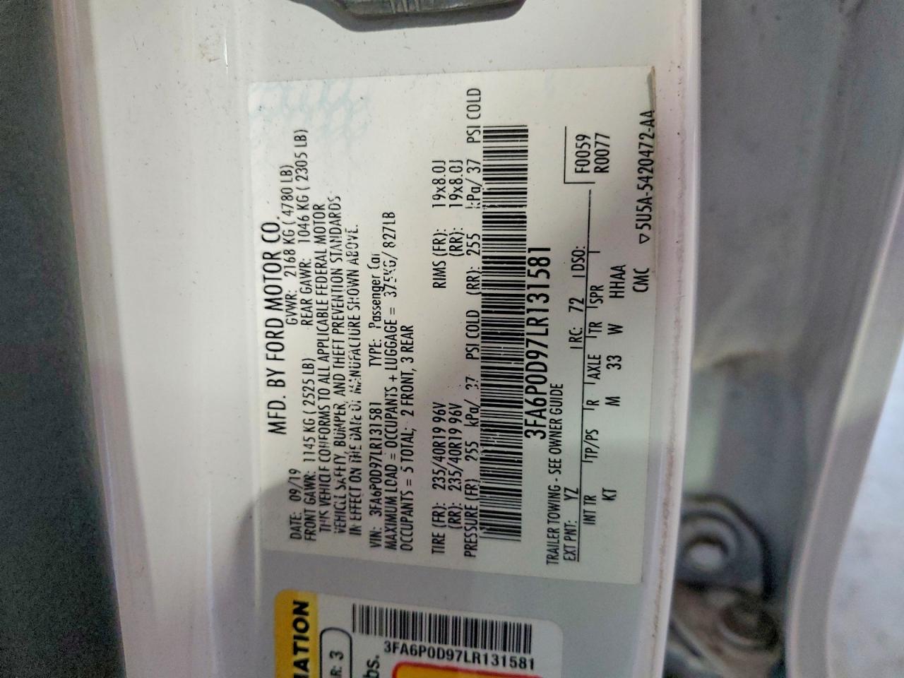 2020 Ford Fusion Titanium White vin: 3FA6P0D97LR131581