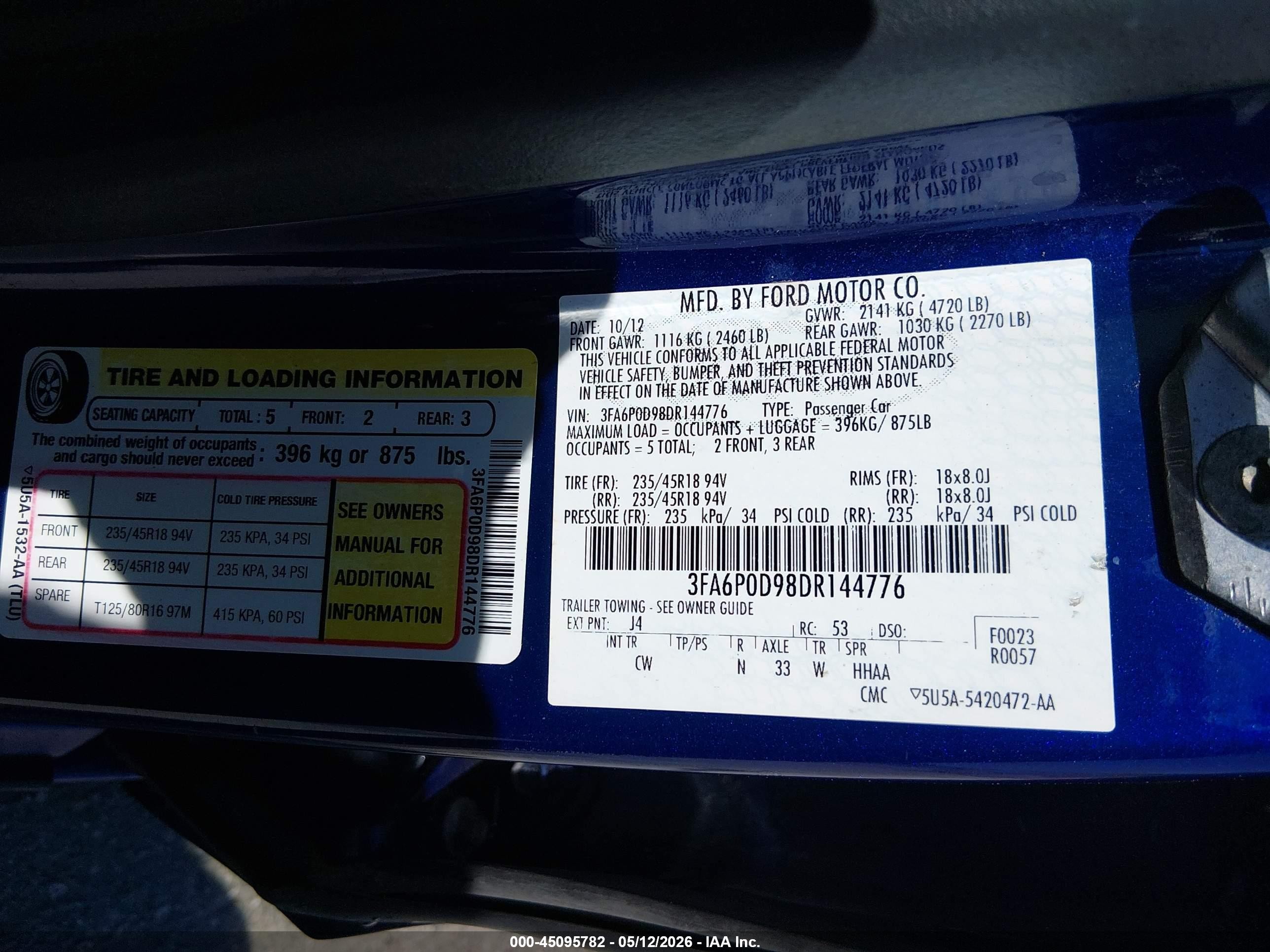 2013 Ford Fusion Titanium Blue vin: 3FA6P0D98DR144776