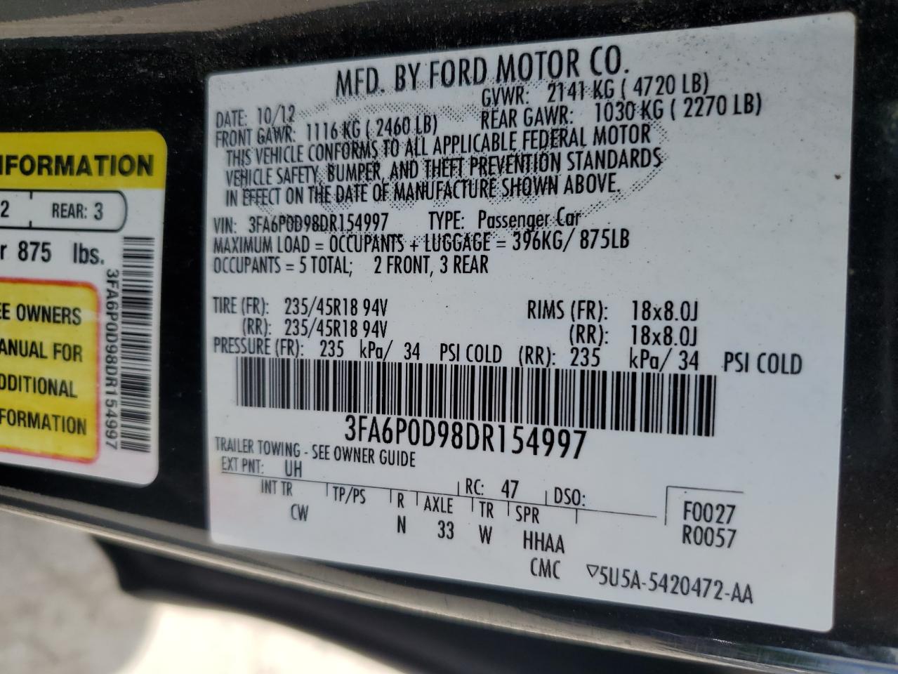 2013 Ford Fusion Titanium Black vin: 3FA6P0D98DR154997