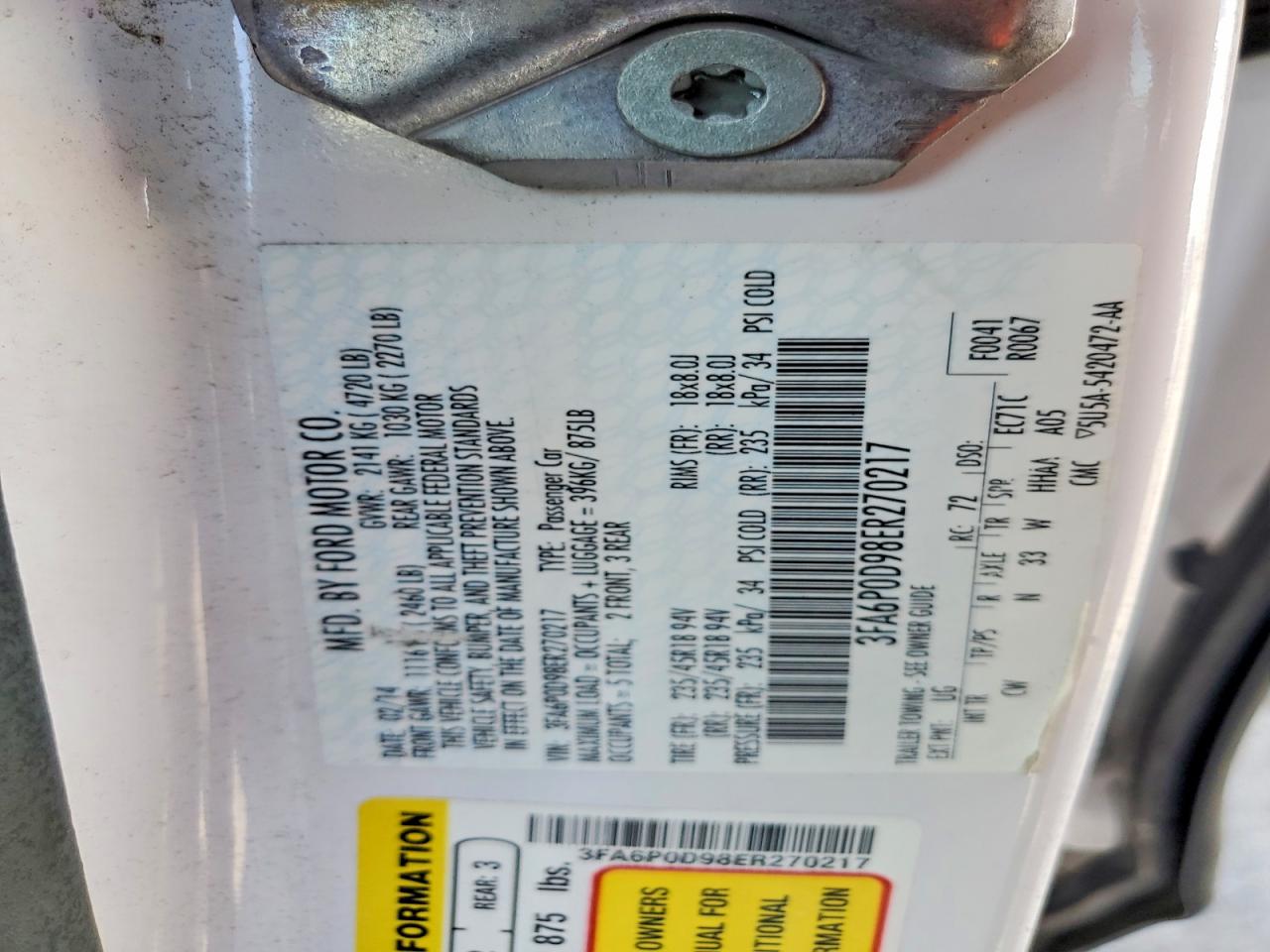 2014 Ford Fusion Titanium White vin: 3FA6P0D98ER270217