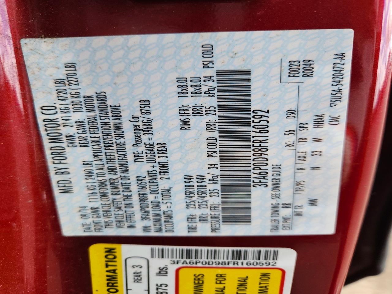2015 Ford Fusion Titanium Red vin: 3FA6P0D98FR160592