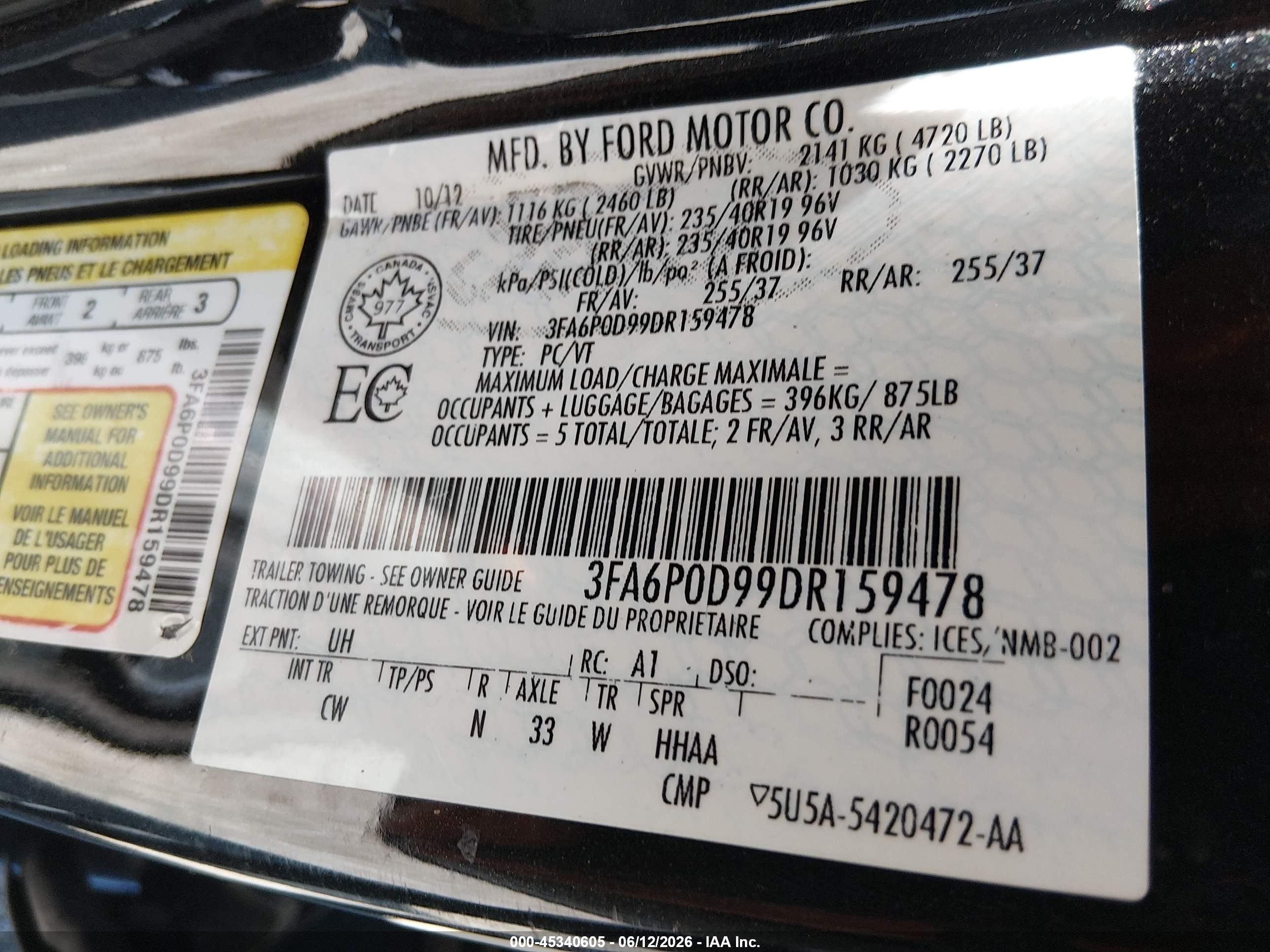 2013 Ford Fusion Titanium Black vin: 3FA6P0D99DR159478