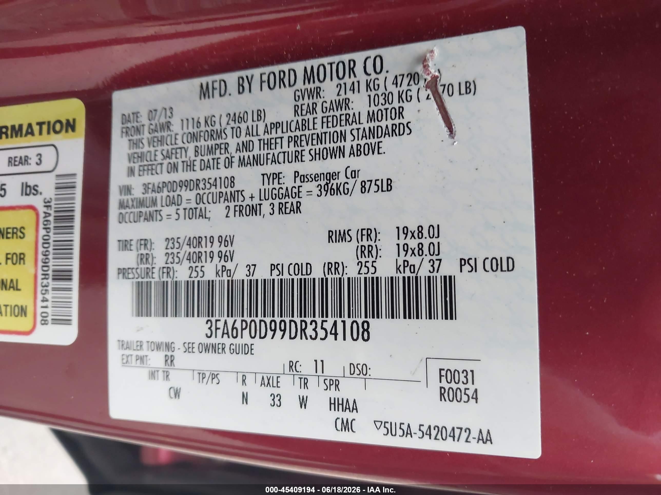 2013 Ford Fusion Titanium Red vin: 3FA6P0D99DR354108