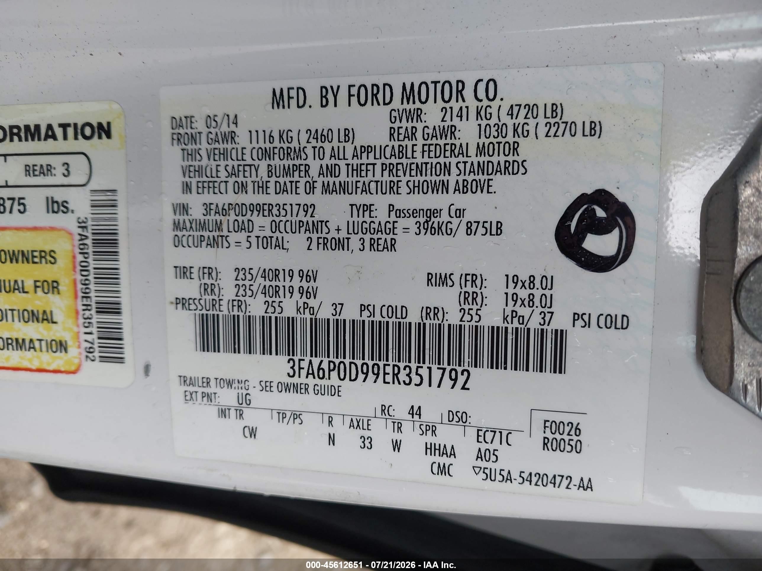 2014 Ford Fusion Titanium White vin: 3FA6P0D99ER351792