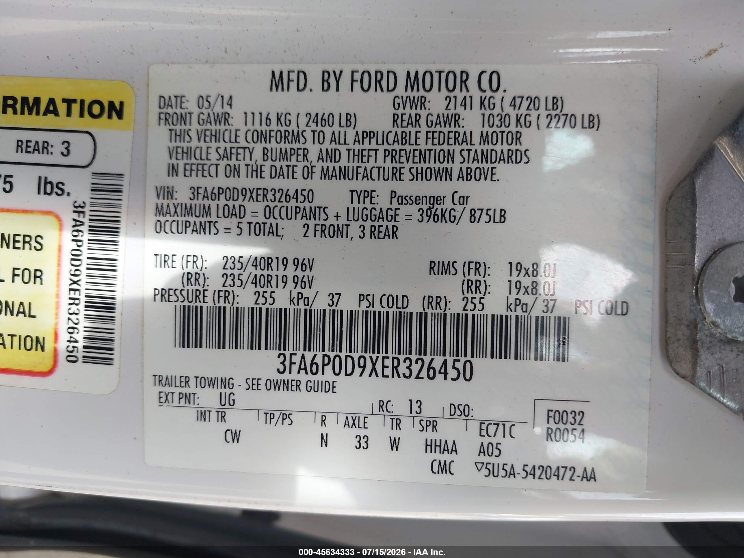 2014 Ford Fusion Titanium White vin: 3FA6P0D9XER326450