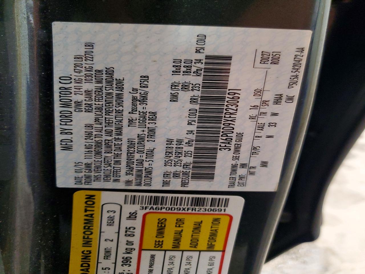 2015 Ford Fusion Titanium Gray vin: 3FA6P0D9XFR230691