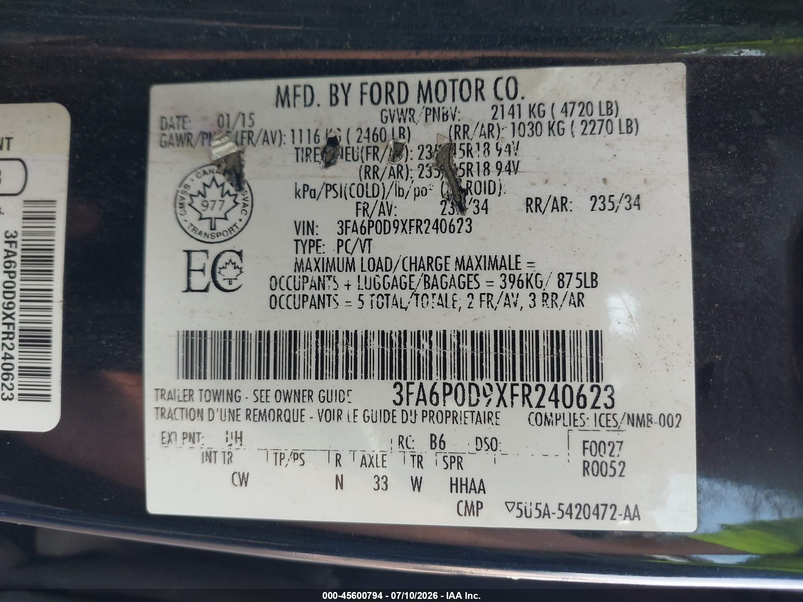 2015 Ford Fusion Titanium Black vin: 3FA6P0D9XFR240623