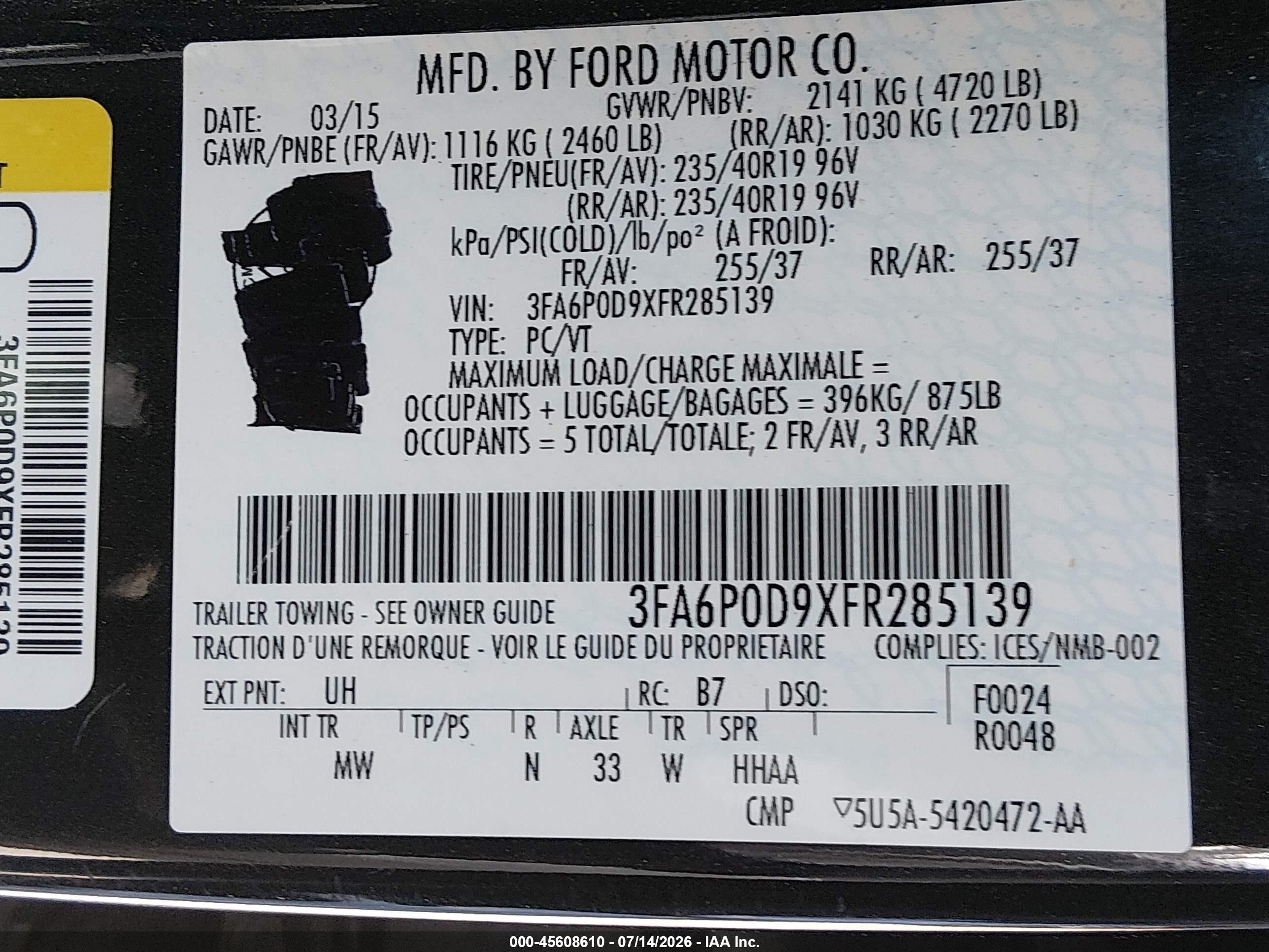 2015 Ford Fusion Titanium Black vin: 3FA6P0D9XFR285139