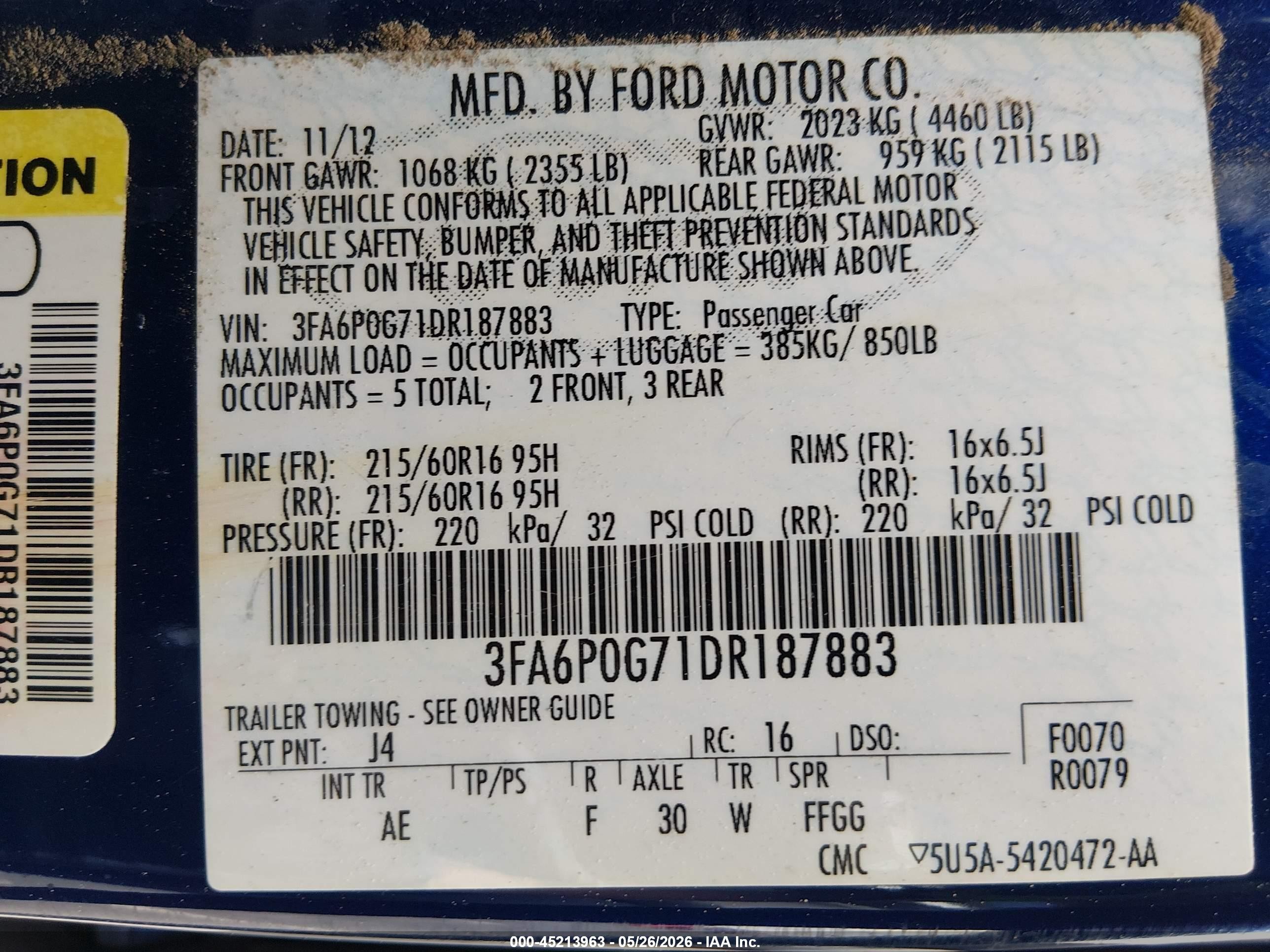 2013 Ford Fusion S Blue vin: 3FA6P0G71DR187883