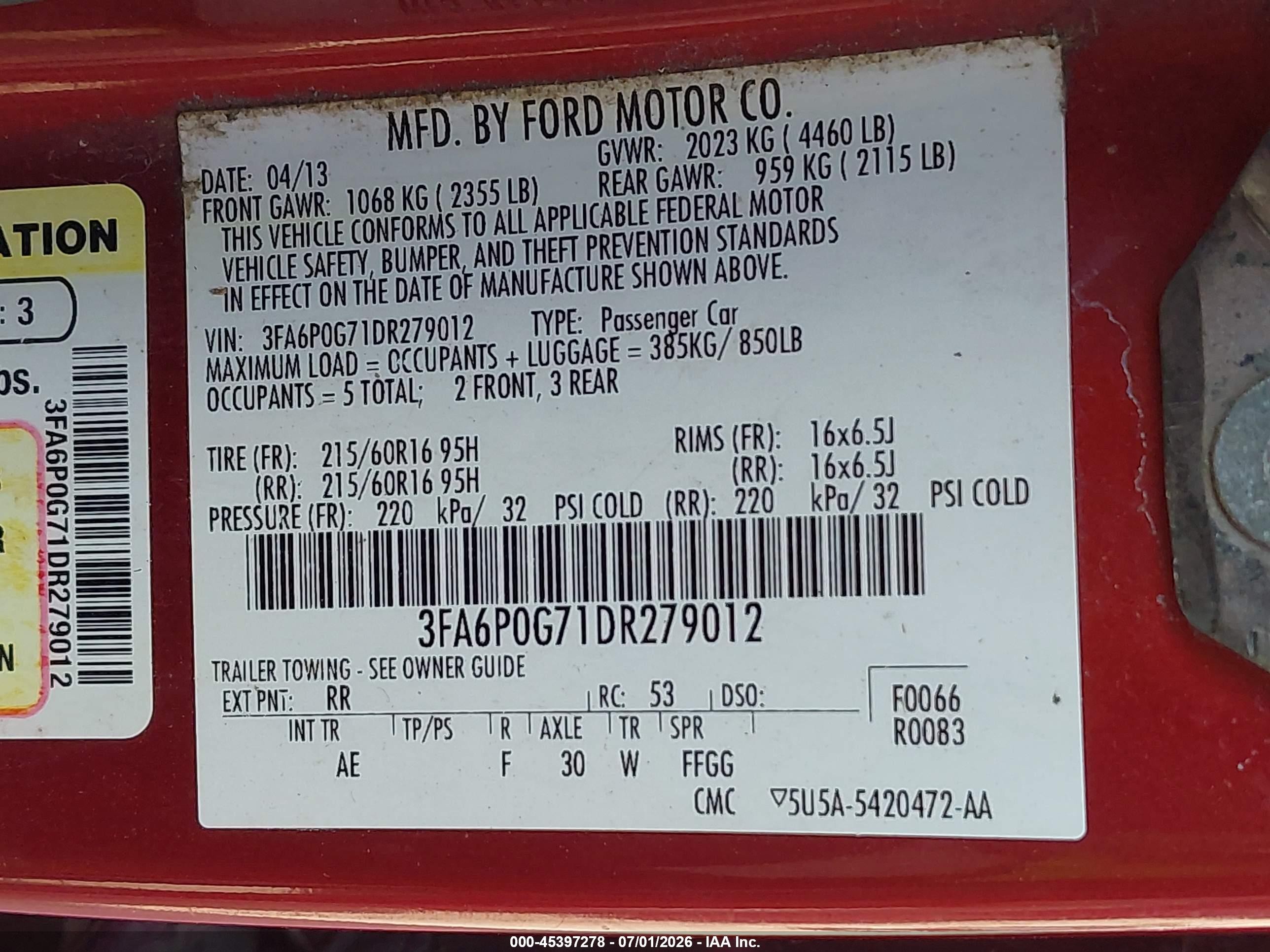 2013 Ford Fusion S Red vin: 3FA6P0G71DR279012