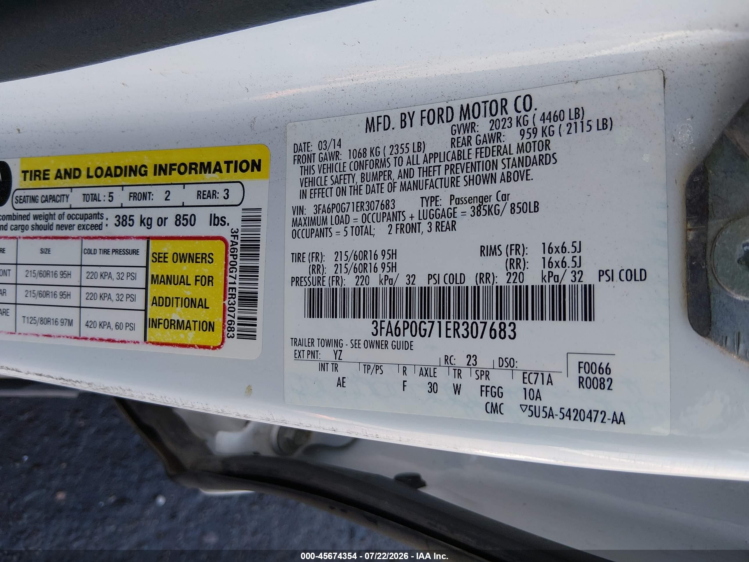 2014 Ford Fusion S White vin: 3FA6P0G71ER307683