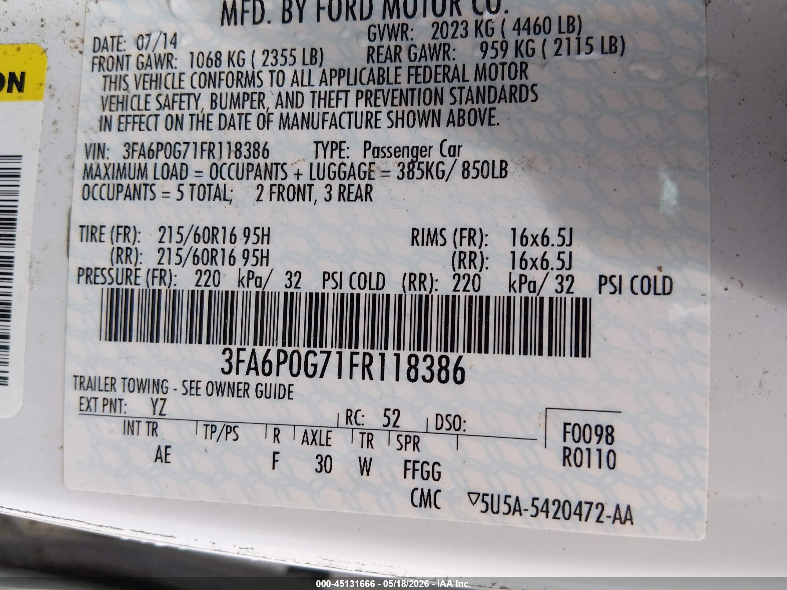 2015 Ford Fusion S Белый vin: 3FA6P0G71FR118386