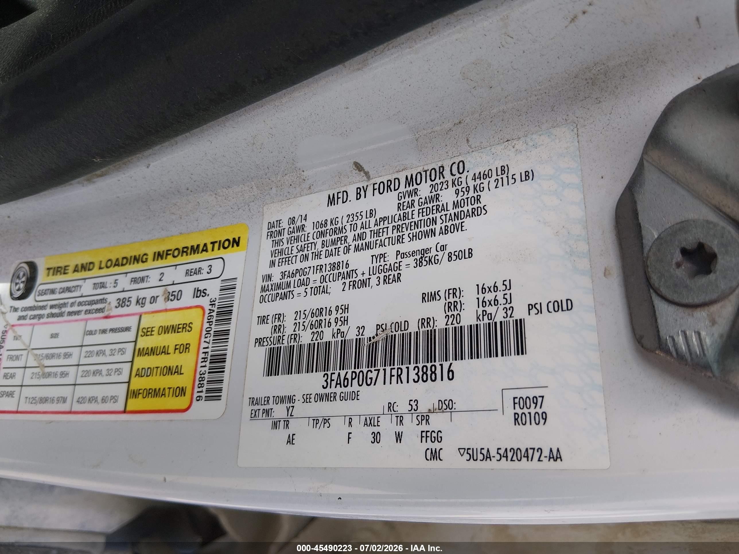 2015 Ford Fusion S White vin: 3FA6P0G71FR138816