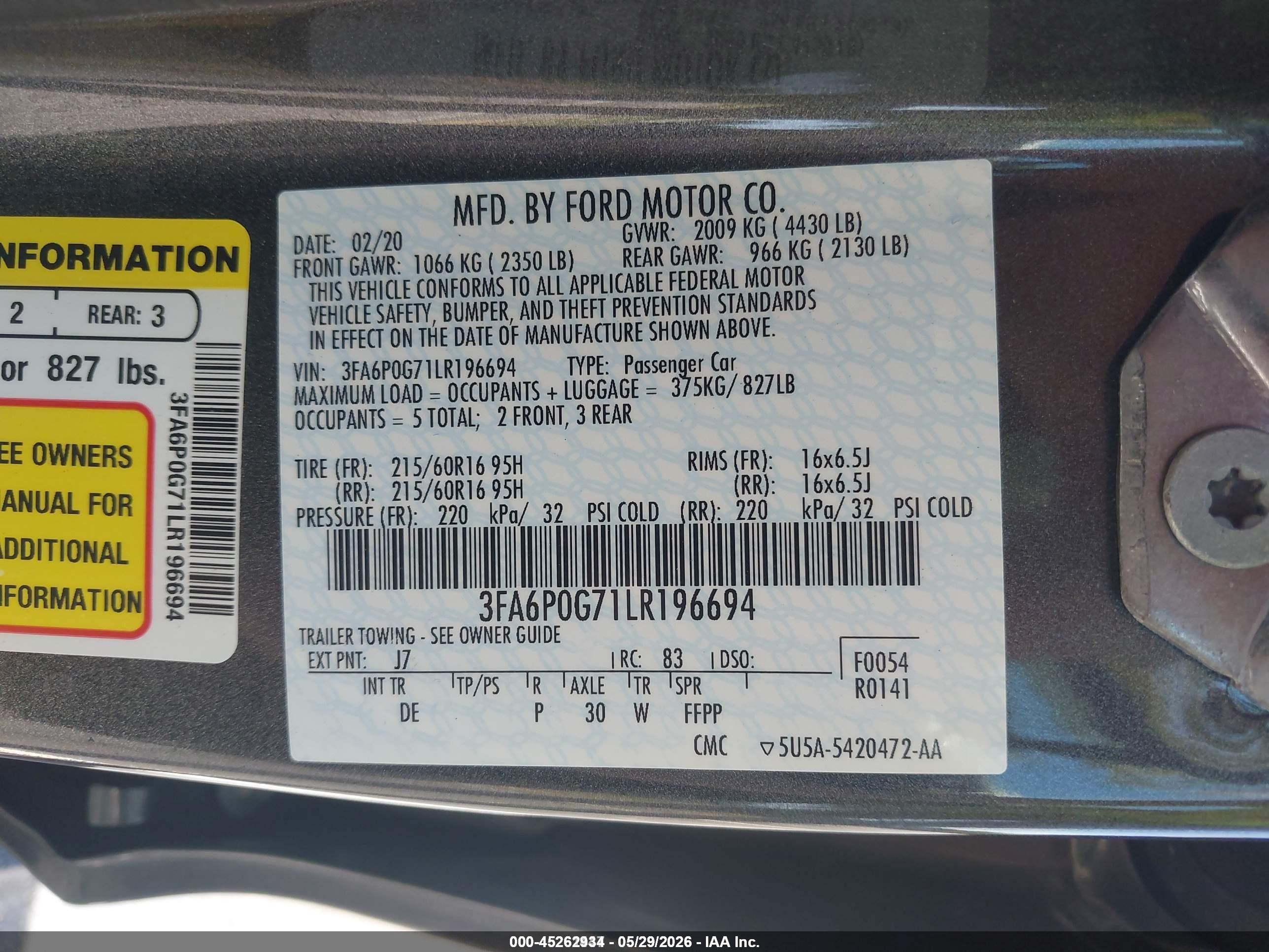 2020 Ford Fusion S Gray vin: 3FA6P0G71LR196694