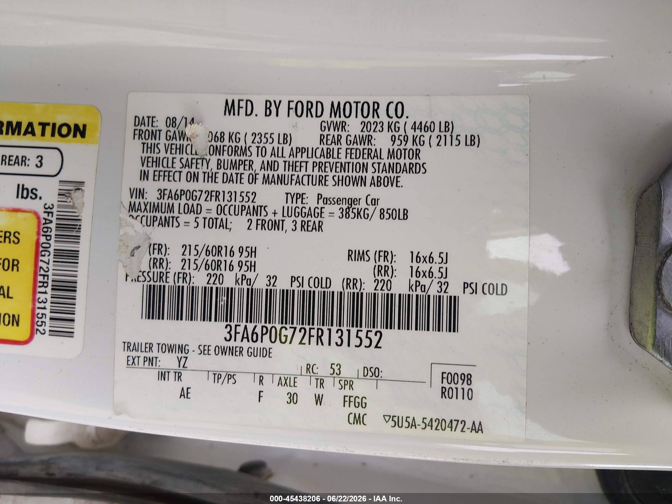 2015 Ford Fusion S White vin: 3FA6P0G72FR131552
