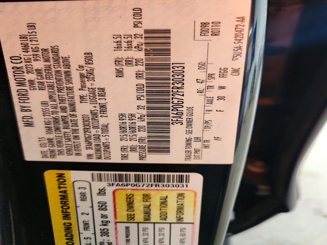 2015 Ford Fusion S Black vin: 3FA6P0G72FR303031