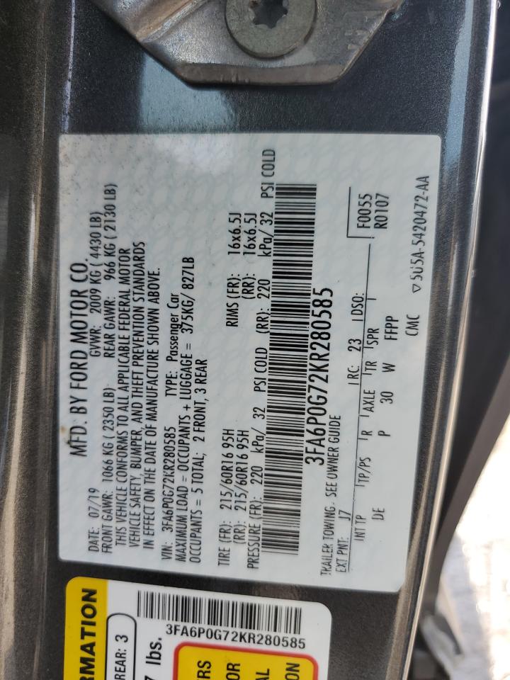 2019 Ford Fusion S Gray vin: 3FA6P0G72KR280585