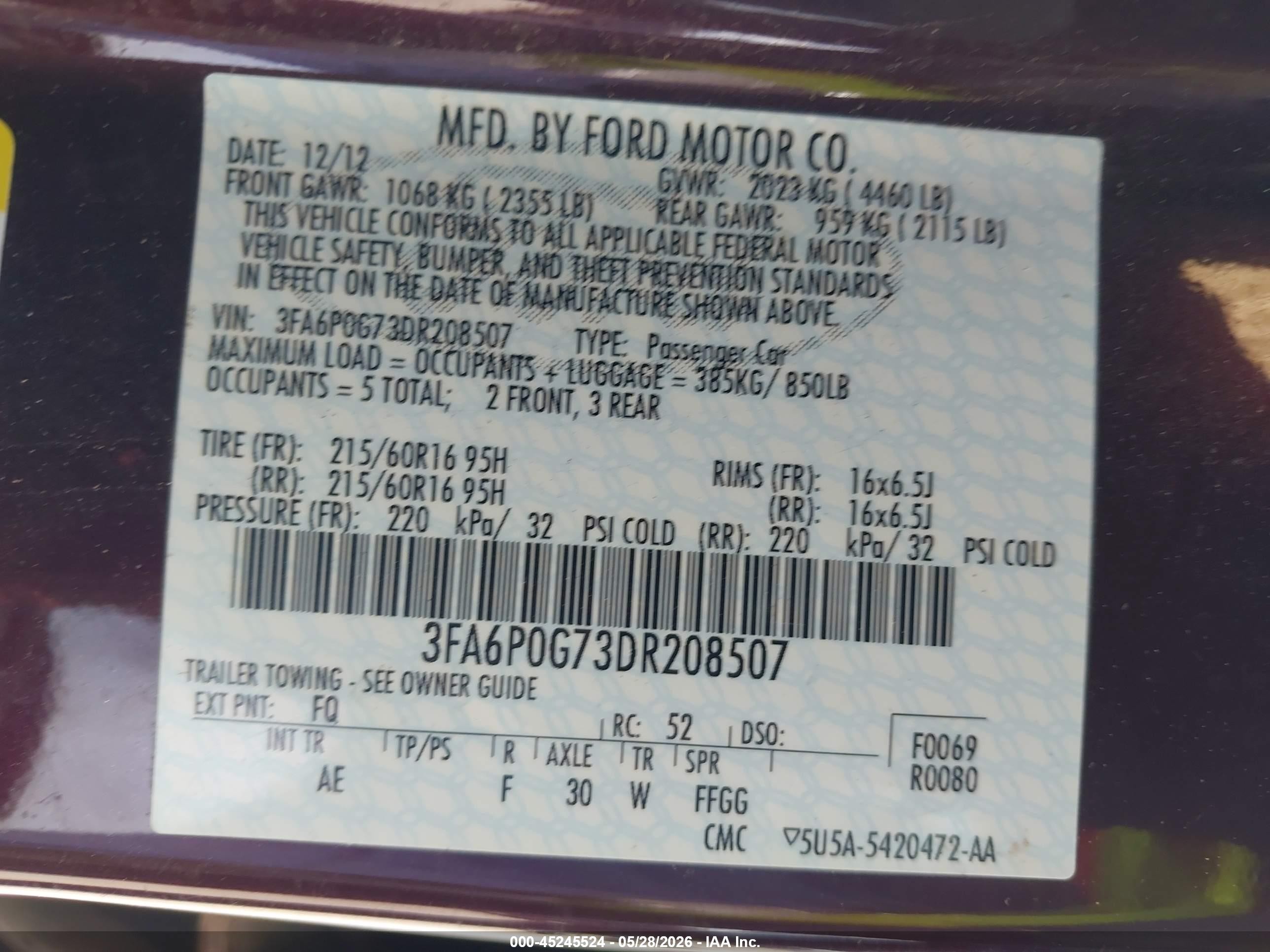2013 Ford Fusion S Burgundy vin: 3FA6P0G73DR208507