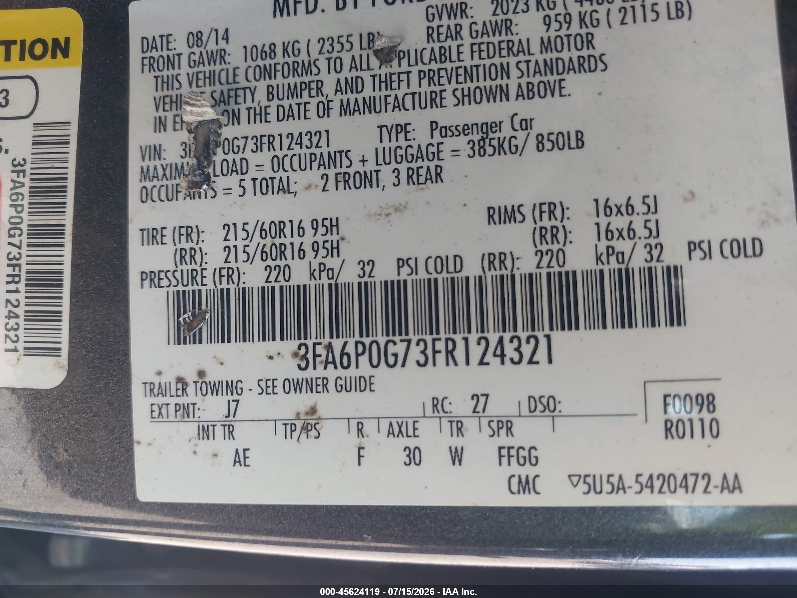 2015 Ford Fusion S Серый vin: 3FA6P0G73FR124321