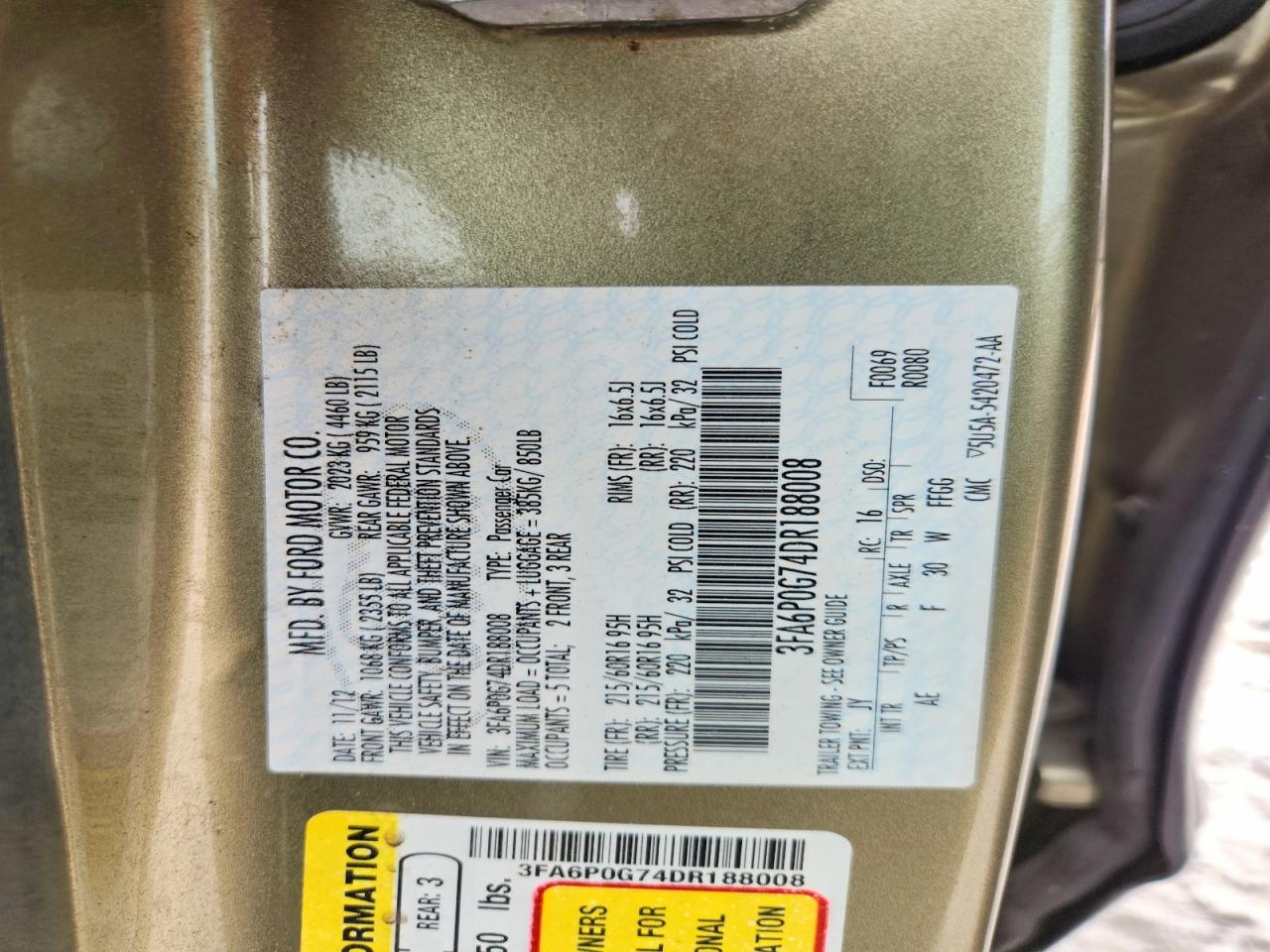 2013 Ford Fusion S Green vin: 3FA6P0G74DR188008