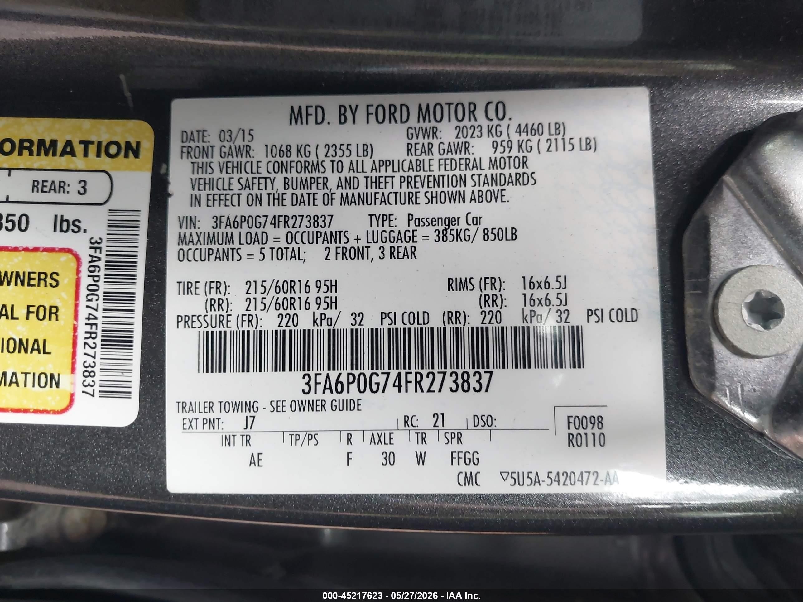 2015 Ford Fusion S Gray vin: 3FA6P0G74FR273837