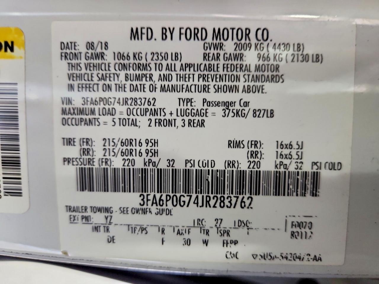 2018 Ford Fusion S White vin: 3FA6P0G74JR283762