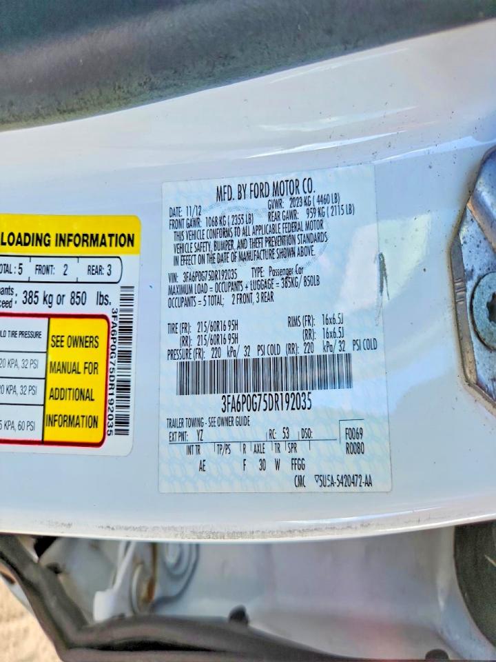 2013 Ford Fusion S White vin: 3FA6P0G75DR192035