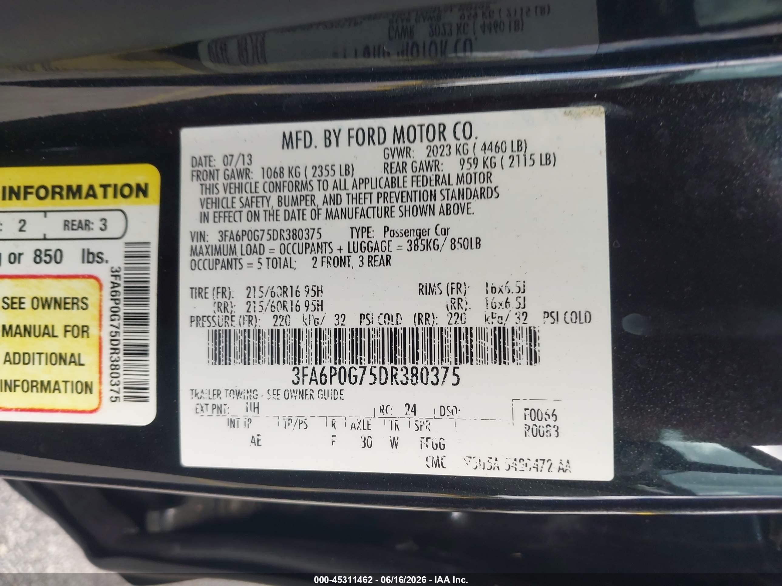 2013 Ford Fusion S Black vin: 3FA6P0G75DR380375