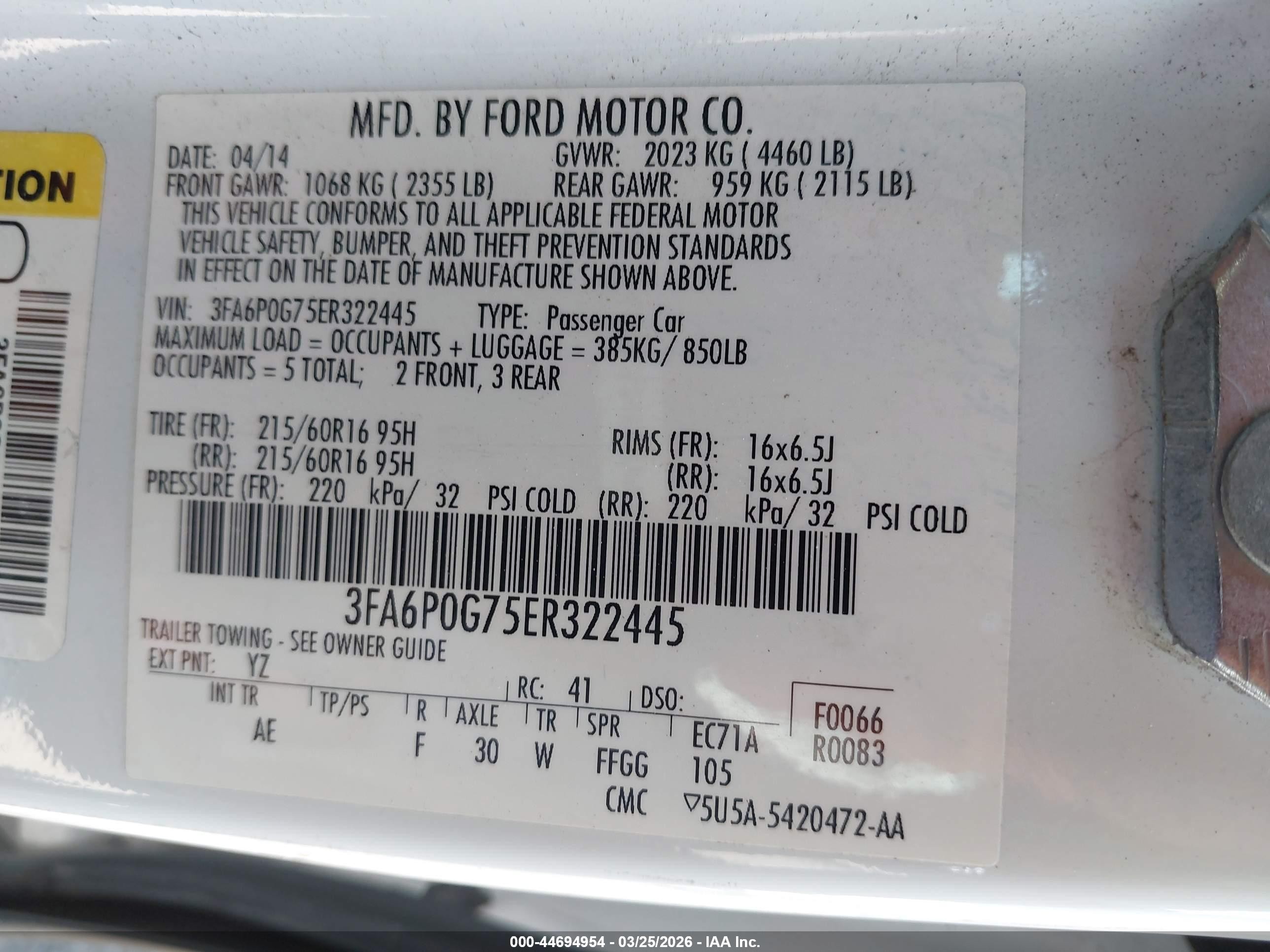 2014 Ford Fusion S Белый vin: 3FA6P0G75ER322445
