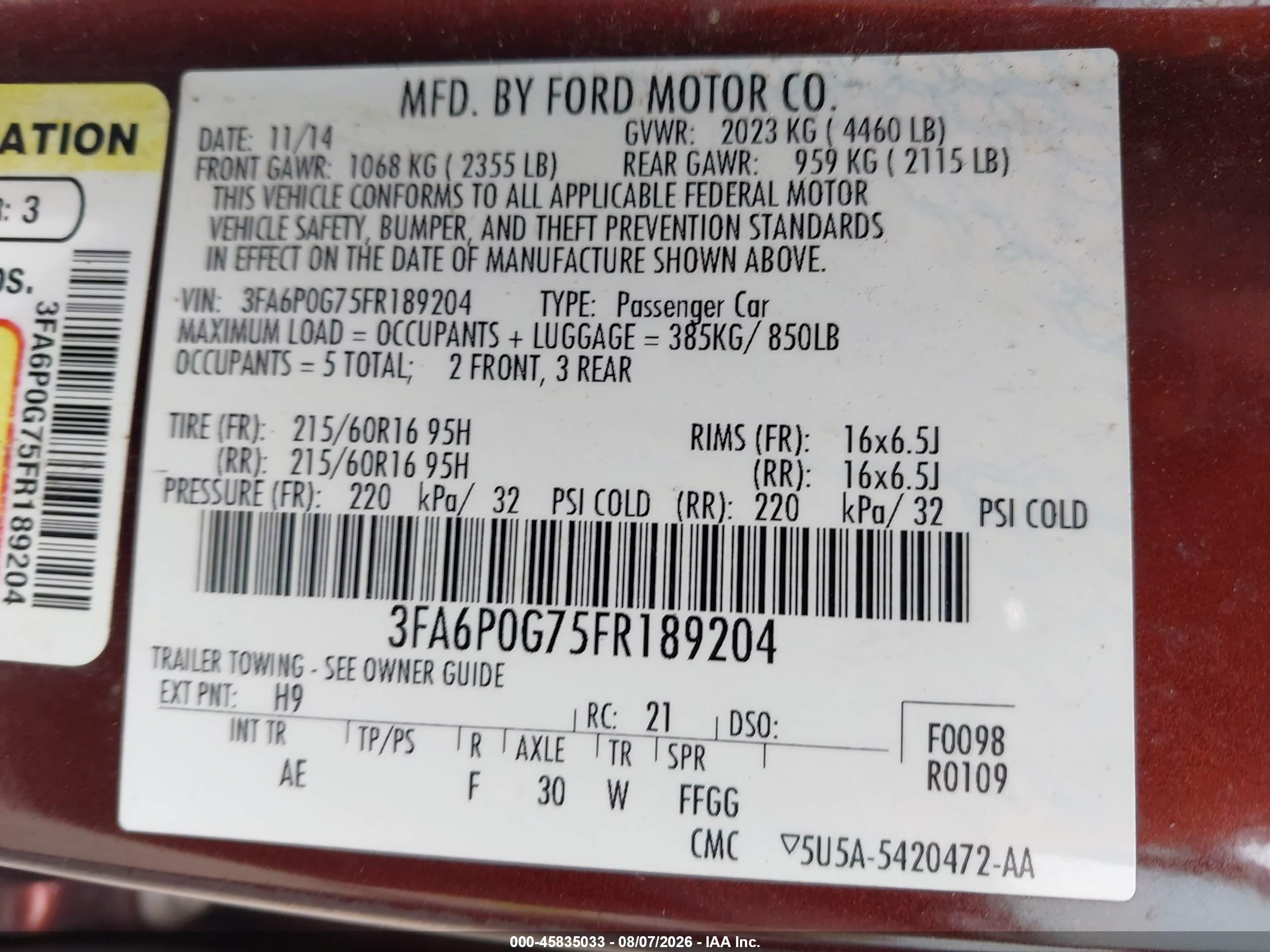 2015 Ford Fusion S Burgundy vin: 3FA6P0G75FR189204
