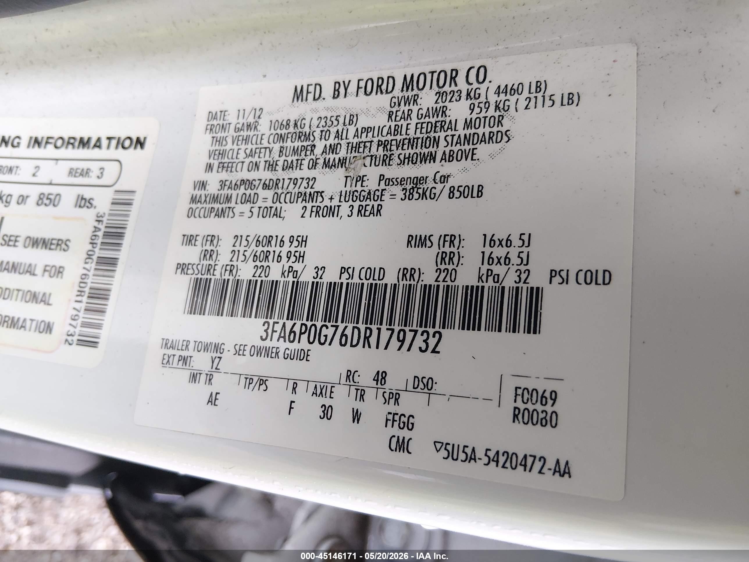 2013 Ford Fusion S White vin: 3FA6P0G76DR179732