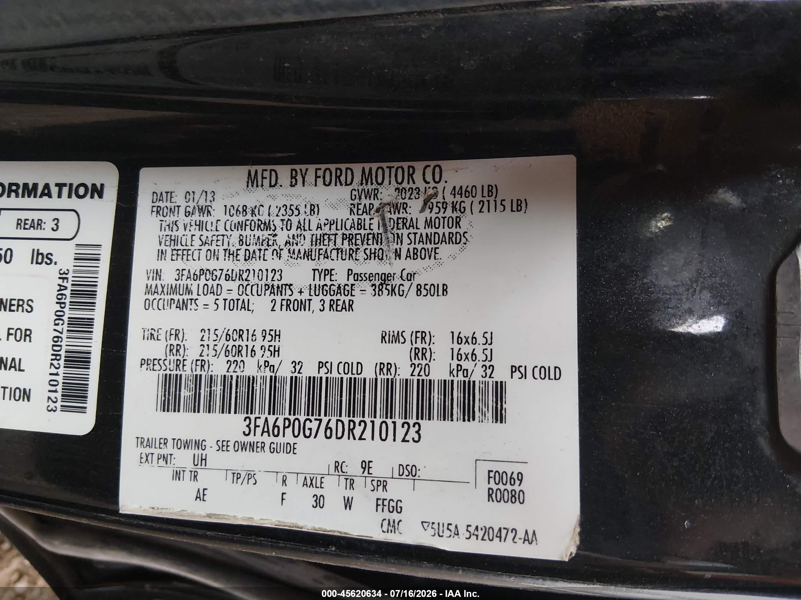 2013 Ford Fusion S Black vin: 3FA6P0G76DR210123
