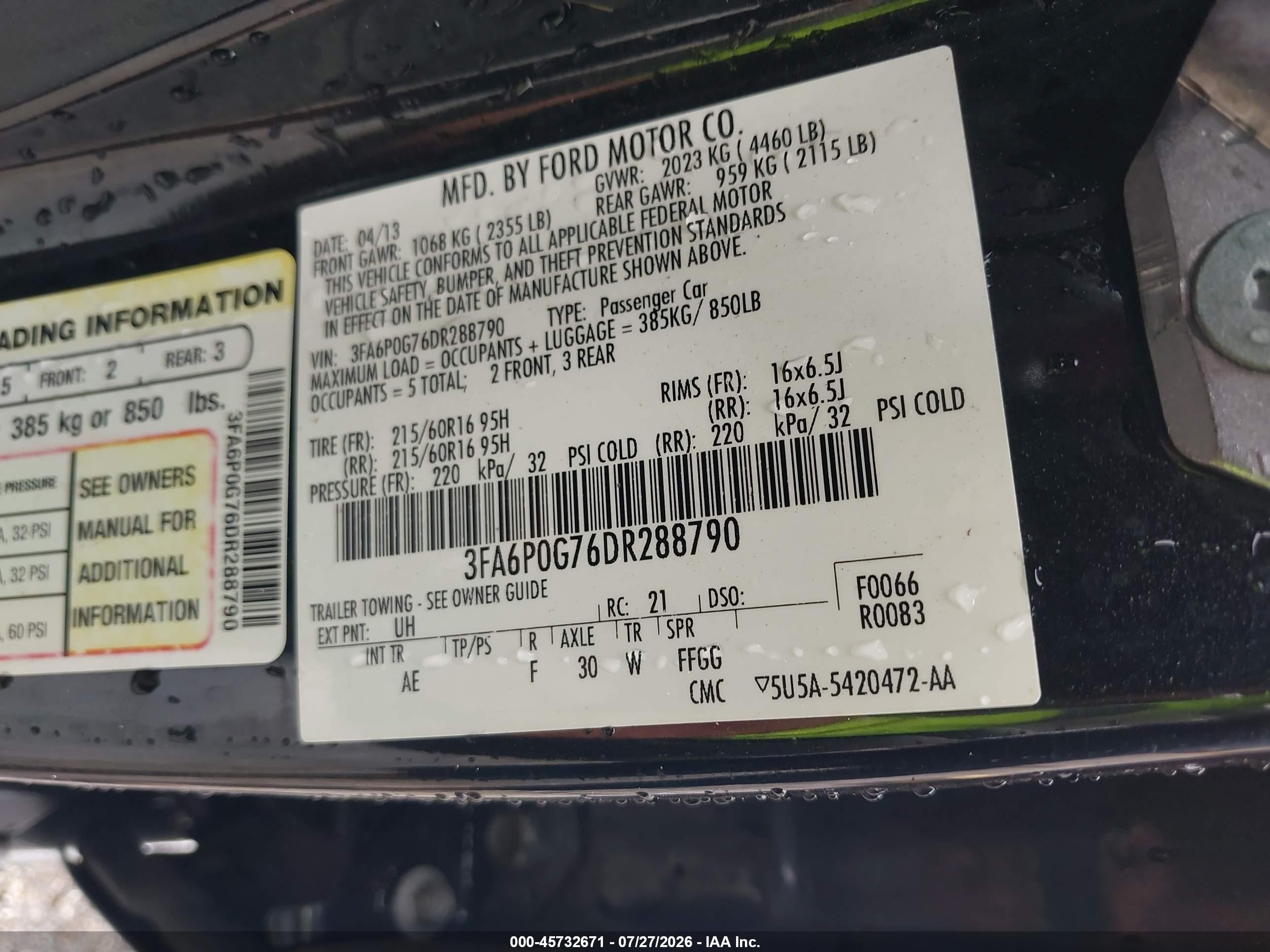 2013 Ford Fusion S Black vin: 3FA6P0G76DR288790