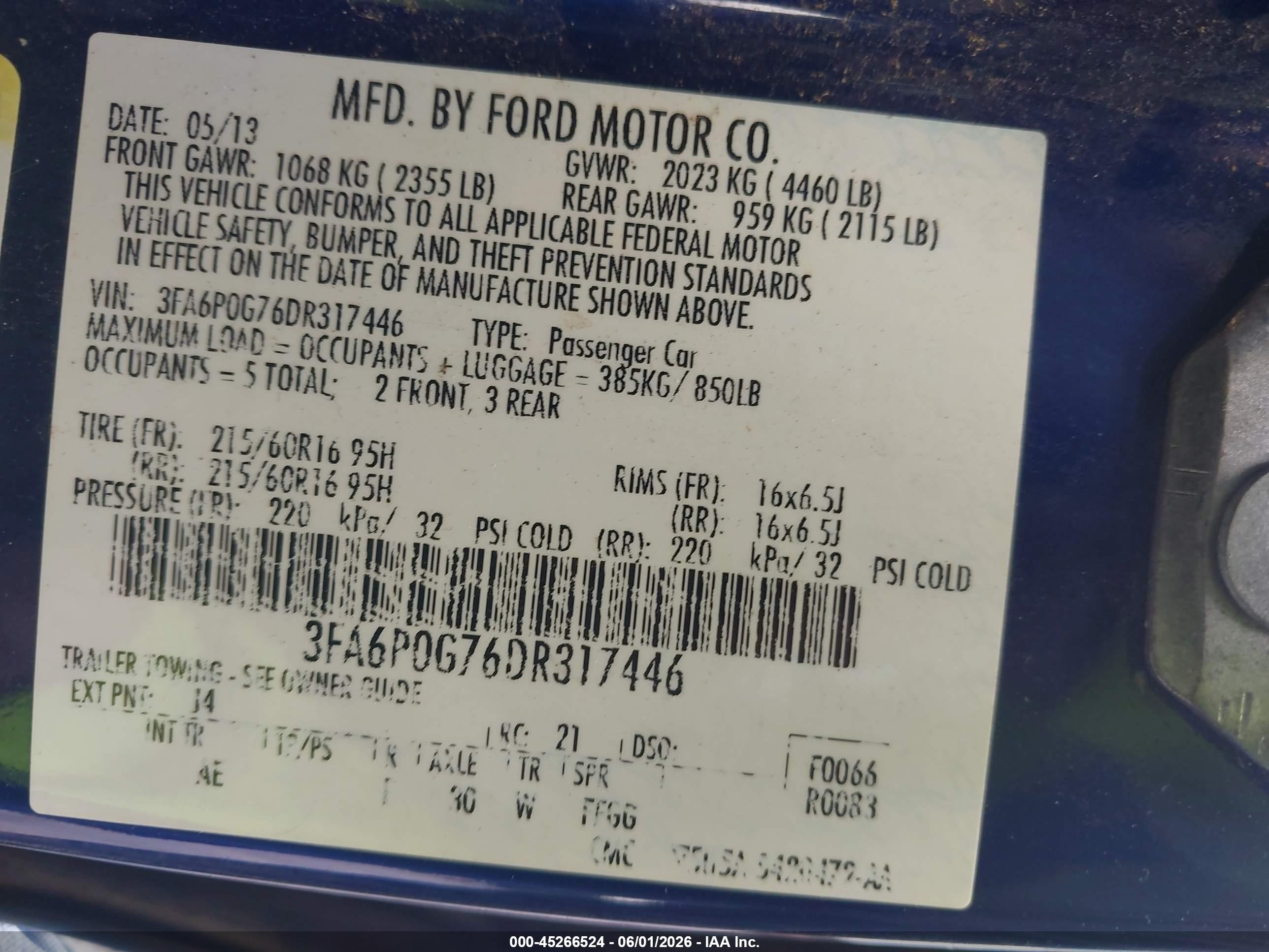 2013 Ford Fusion S Blue vin: 3FA6P0G76DR317446