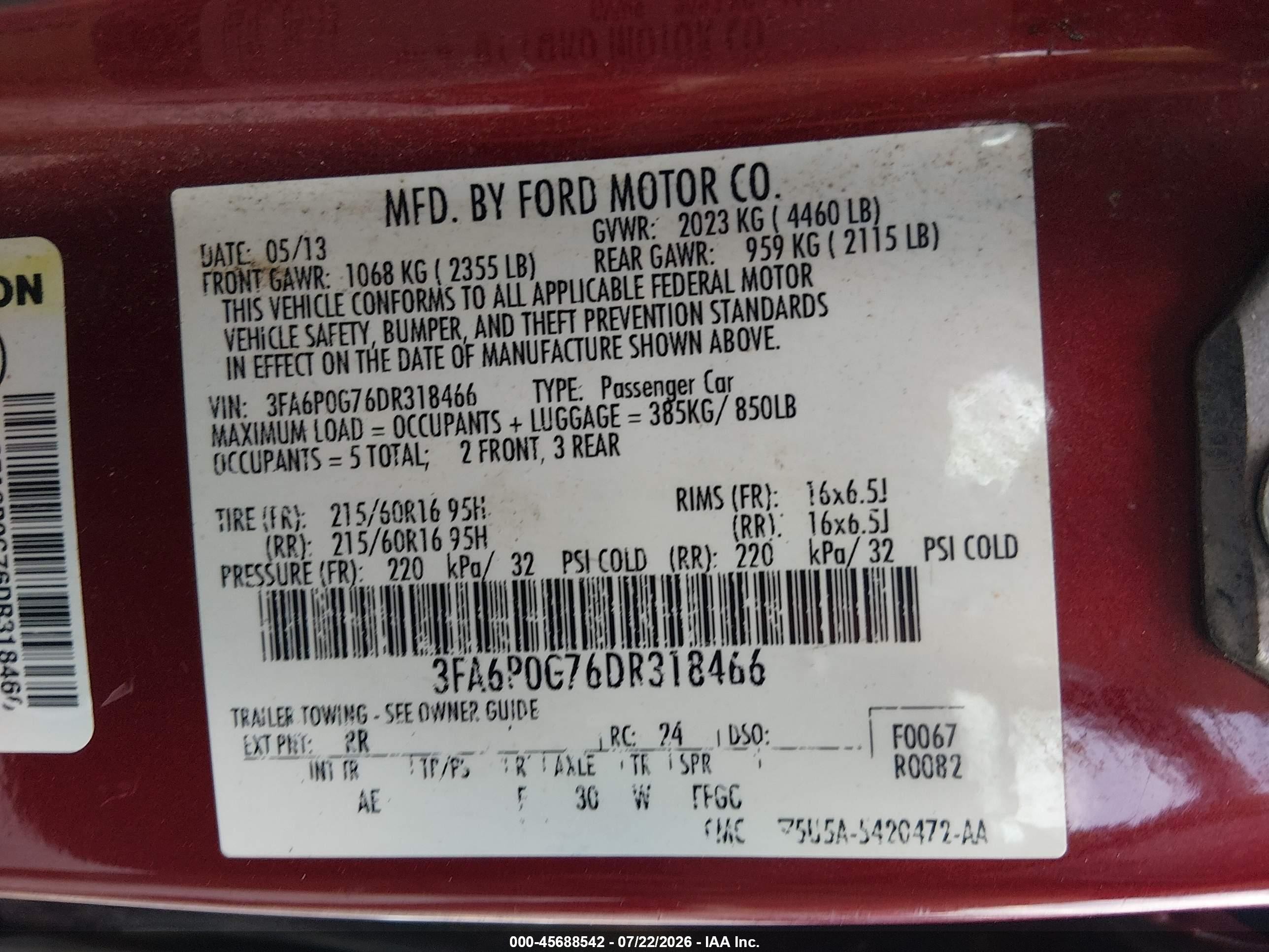 2013 Ford Fusion S Red vin: 3FA6P0G76DR318466