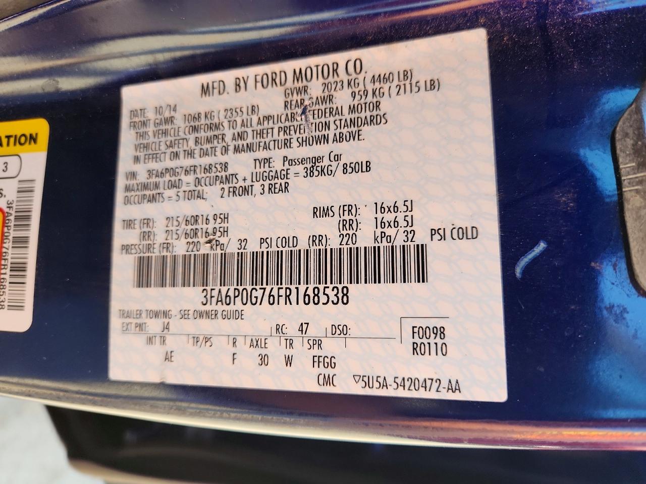 2015 Ford Fusion S Blue vin: 3FA6P0G76FR168538