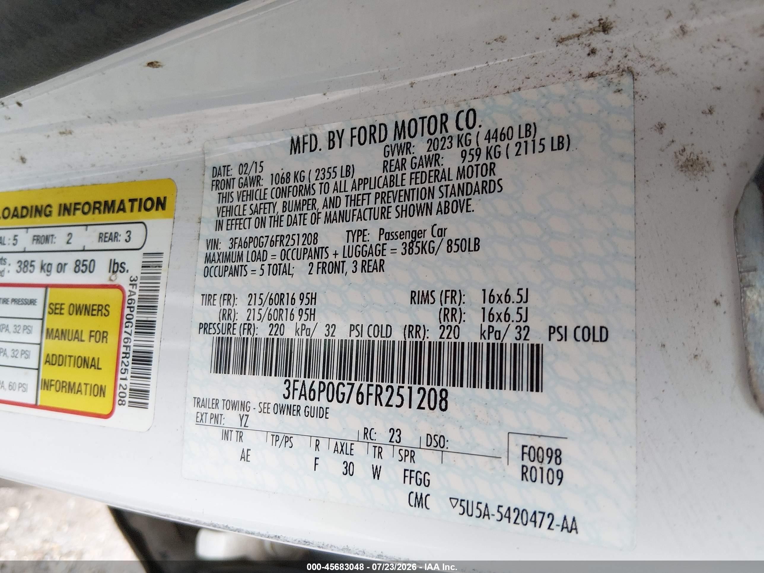 2015 Ford Fusion S White vin: 3FA6P0G76FR251208