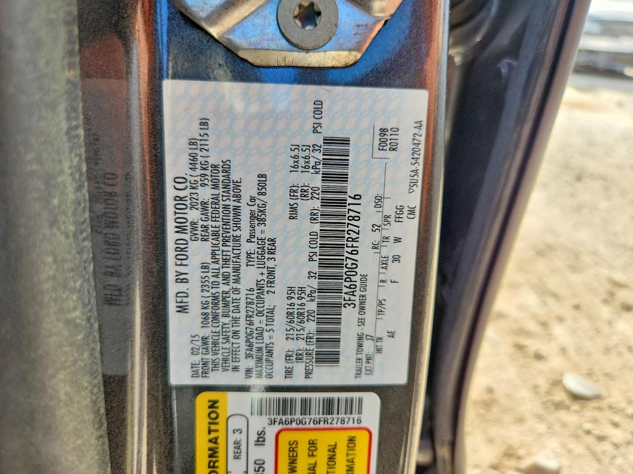 2015 Ford Fusion S Gray vin: 3FA6P0G76FR278716