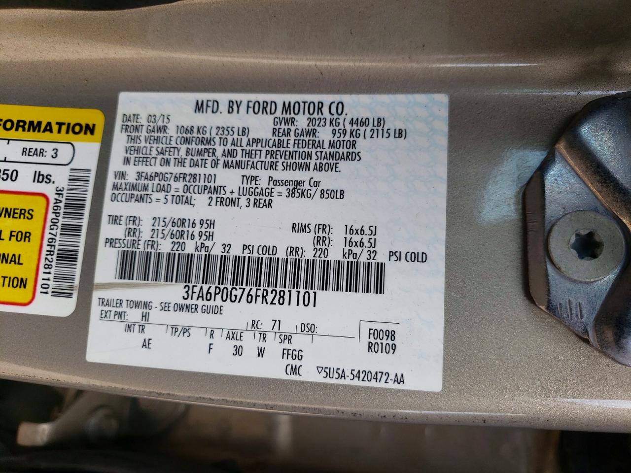 2015 Ford Fusion S Tan vin: 3FA6P0G76FR281101