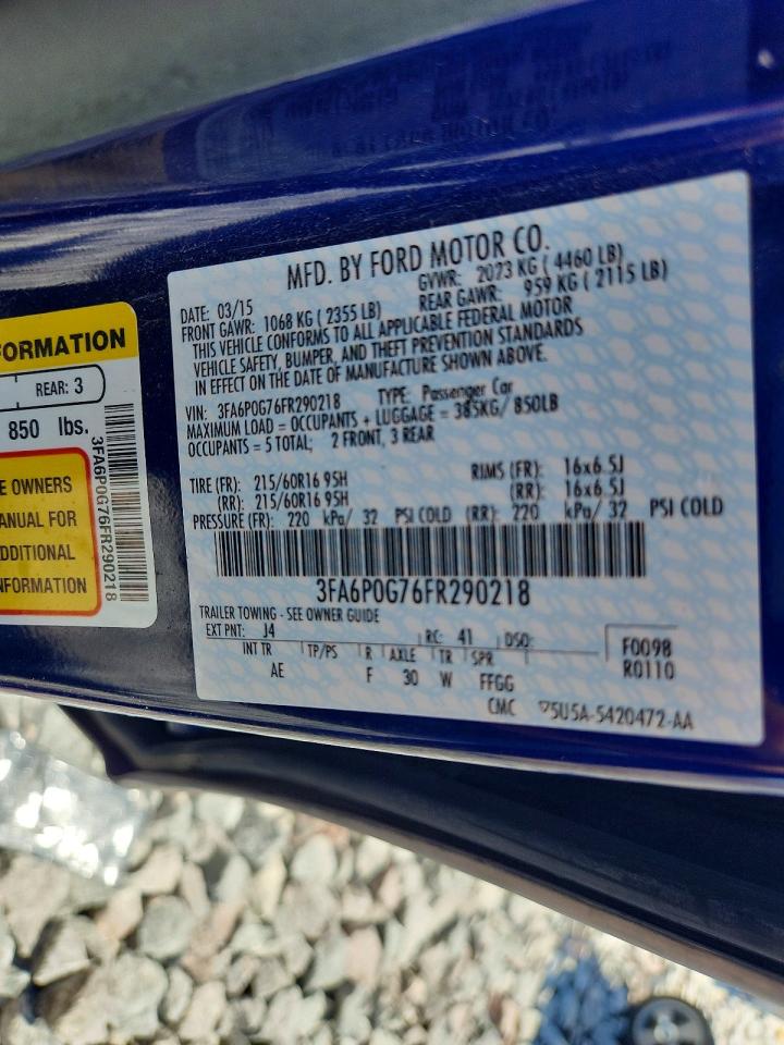 2015 Ford Fusion S Blue vin: 3FA6P0G76FR290218